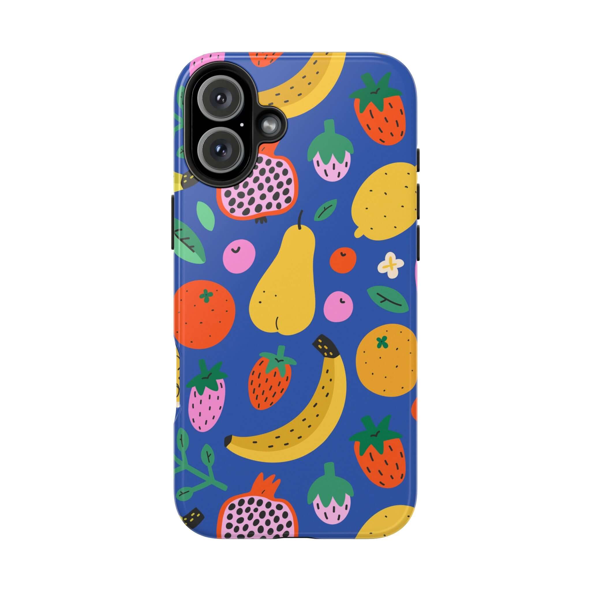 Cute phone cover featuring colorful beachy fruits on a blue background, perfect for summer vibes.