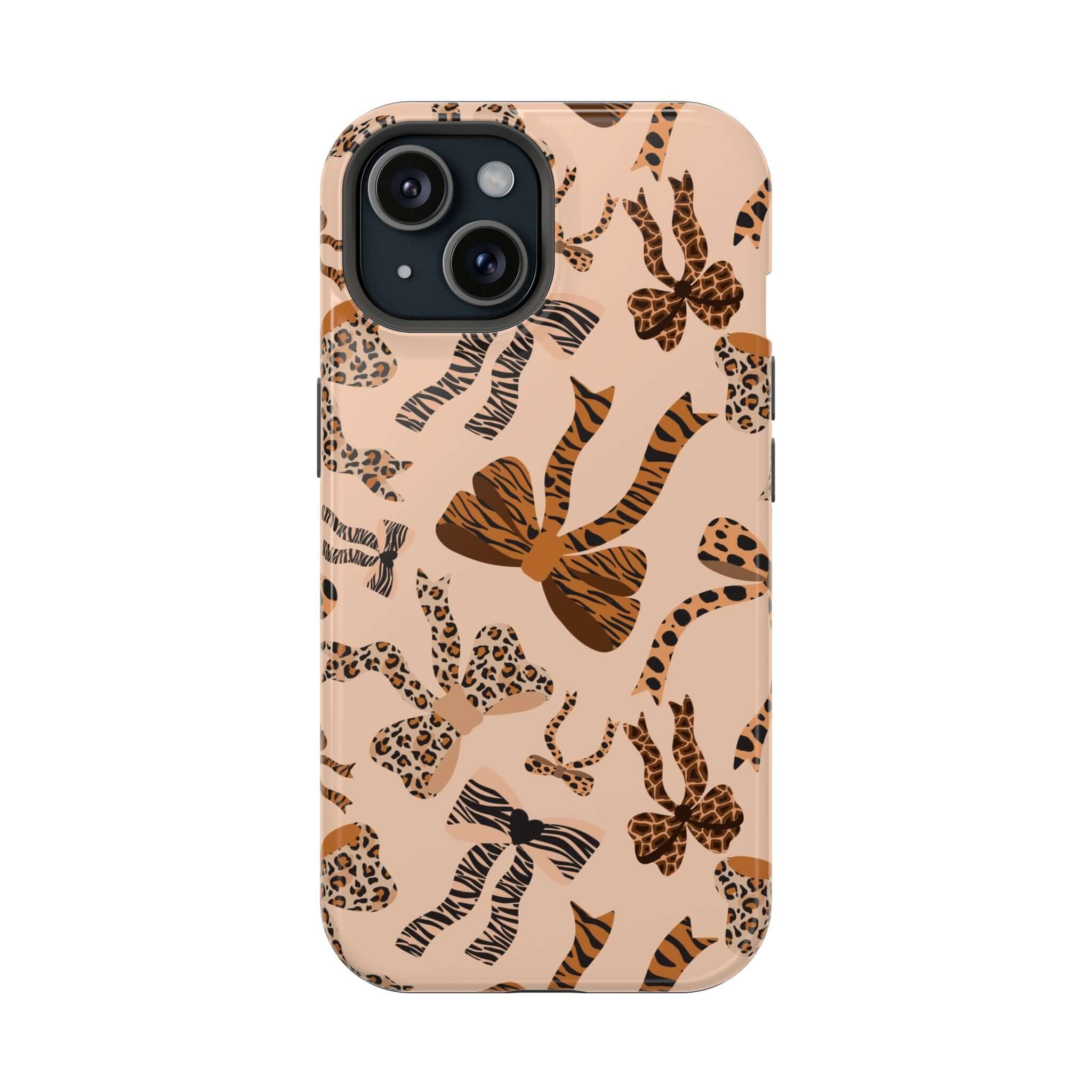 Colorful iPhone case with leopard and bow pattern, Safari Coquette design, cute and abstract phone accessory.