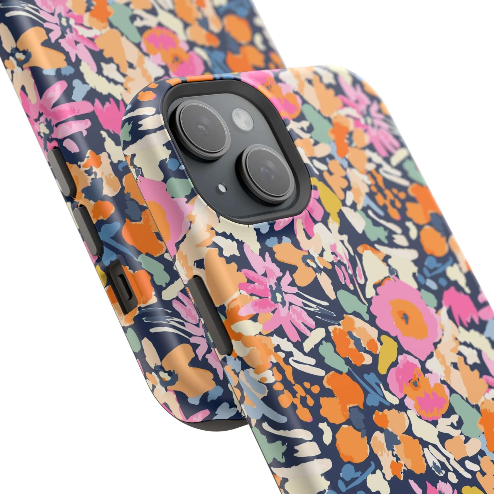 Cute MagSafe iPhone 16 case with colorful floral design for protective and stylish phone cover.