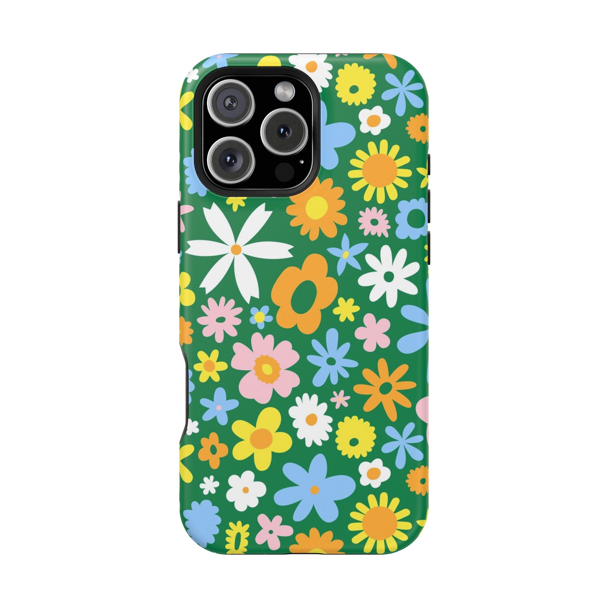 Vibrant floral MagSafe iPhone case with playful hippie design, featuring colorful flowers on a green background, cute phone cover.