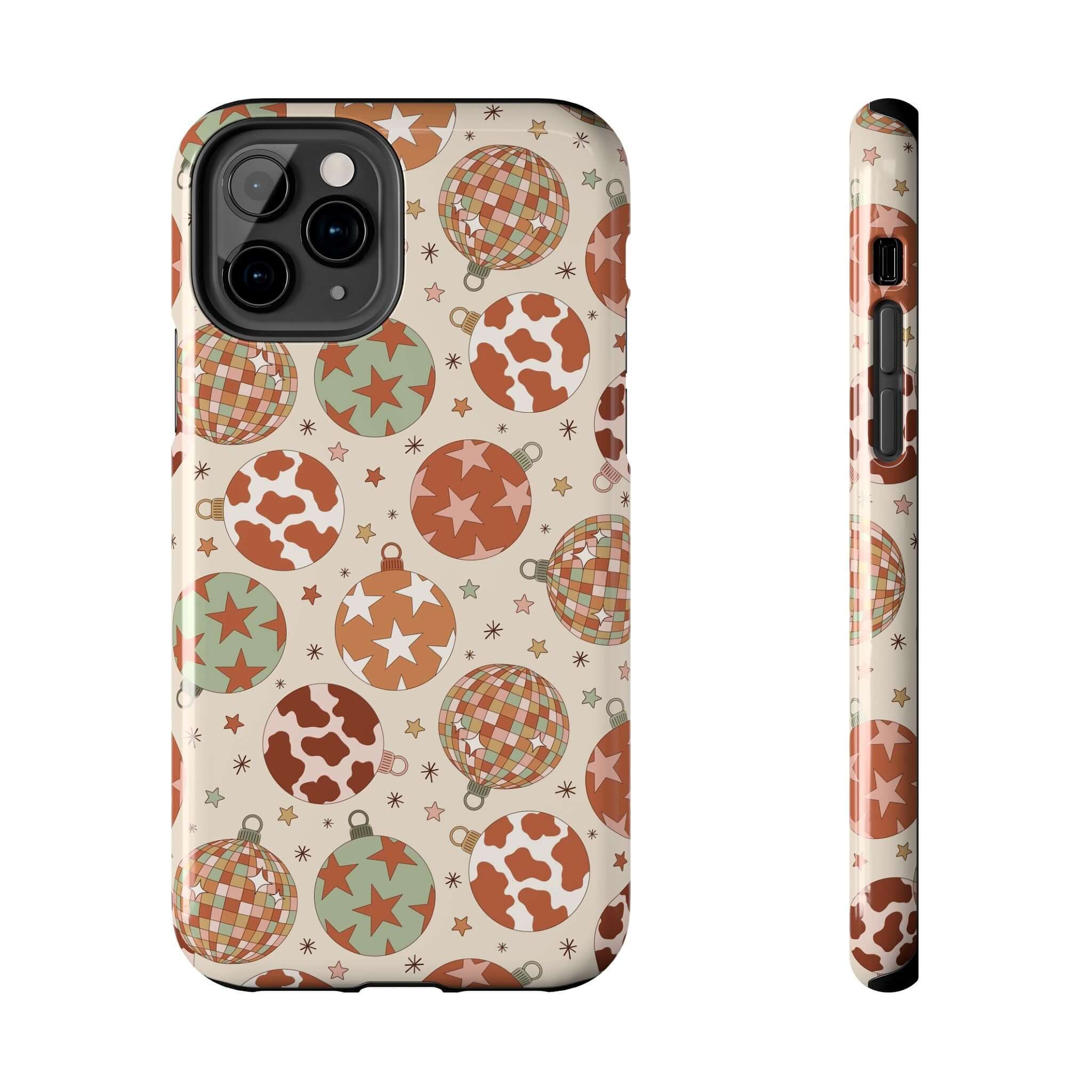 Colorful iPhone case with cowgirl Christmas pattern, featuring cute stars and plaid ornaments, perfect holiday phone cover.