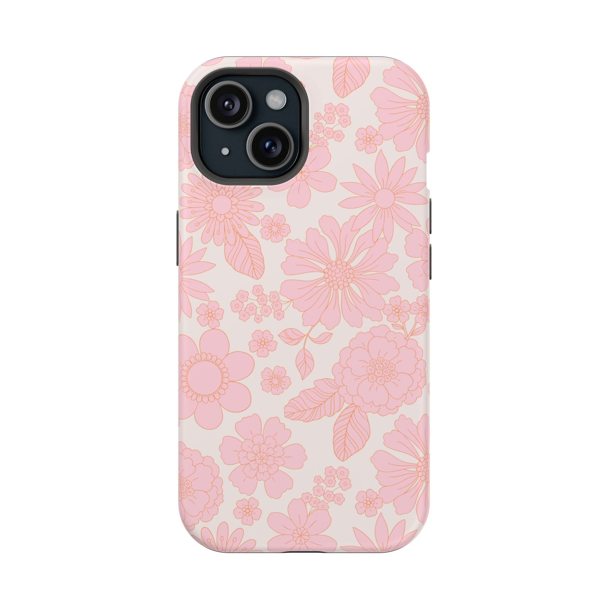 Pink floral iPhone 16 MagSafe case, charming petals design, cute phone cover, cottagecore aesthetic, protective phone case.