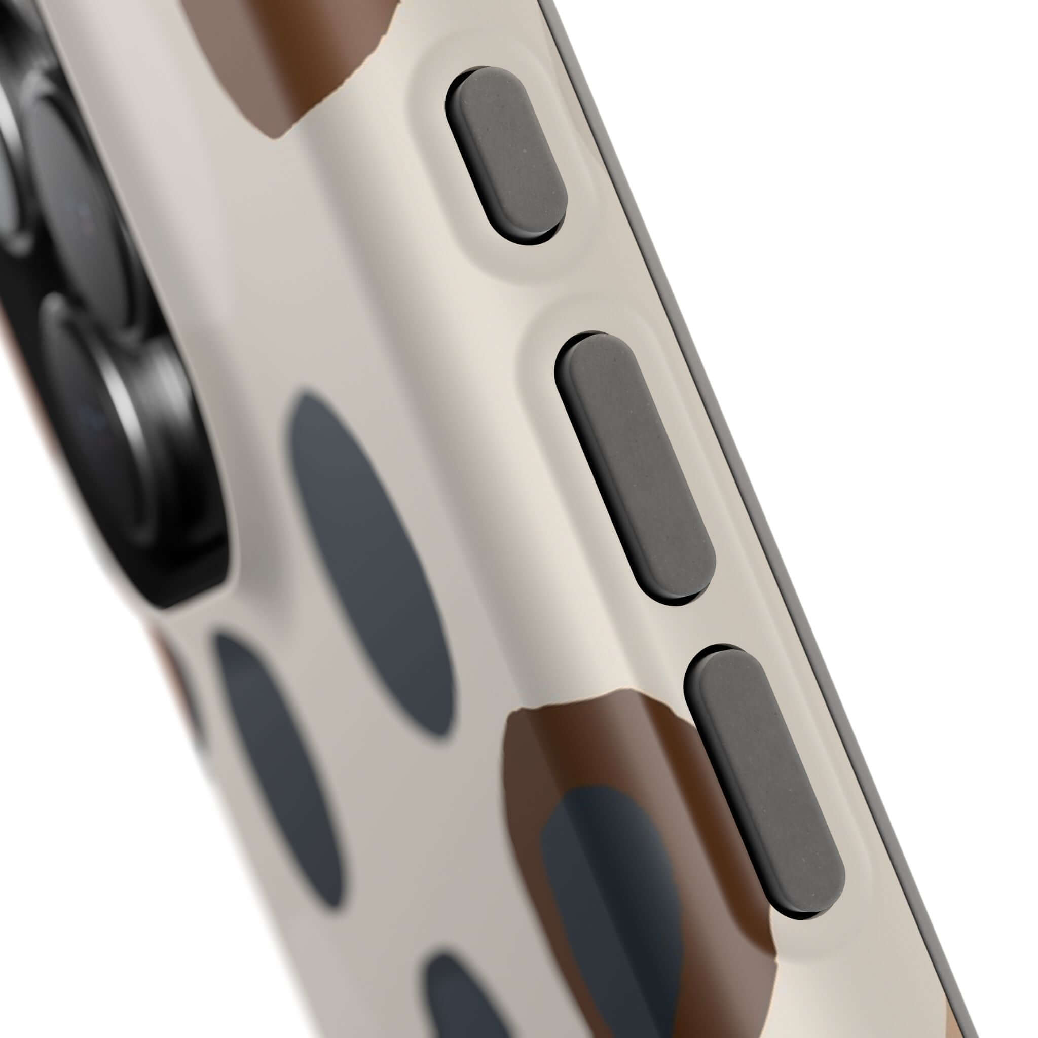 Chic Wanderer Modern Spots Case close-up, featuring a cute, abstract brown spots design. Stylish, colorful iPhone case for chic adventurers.