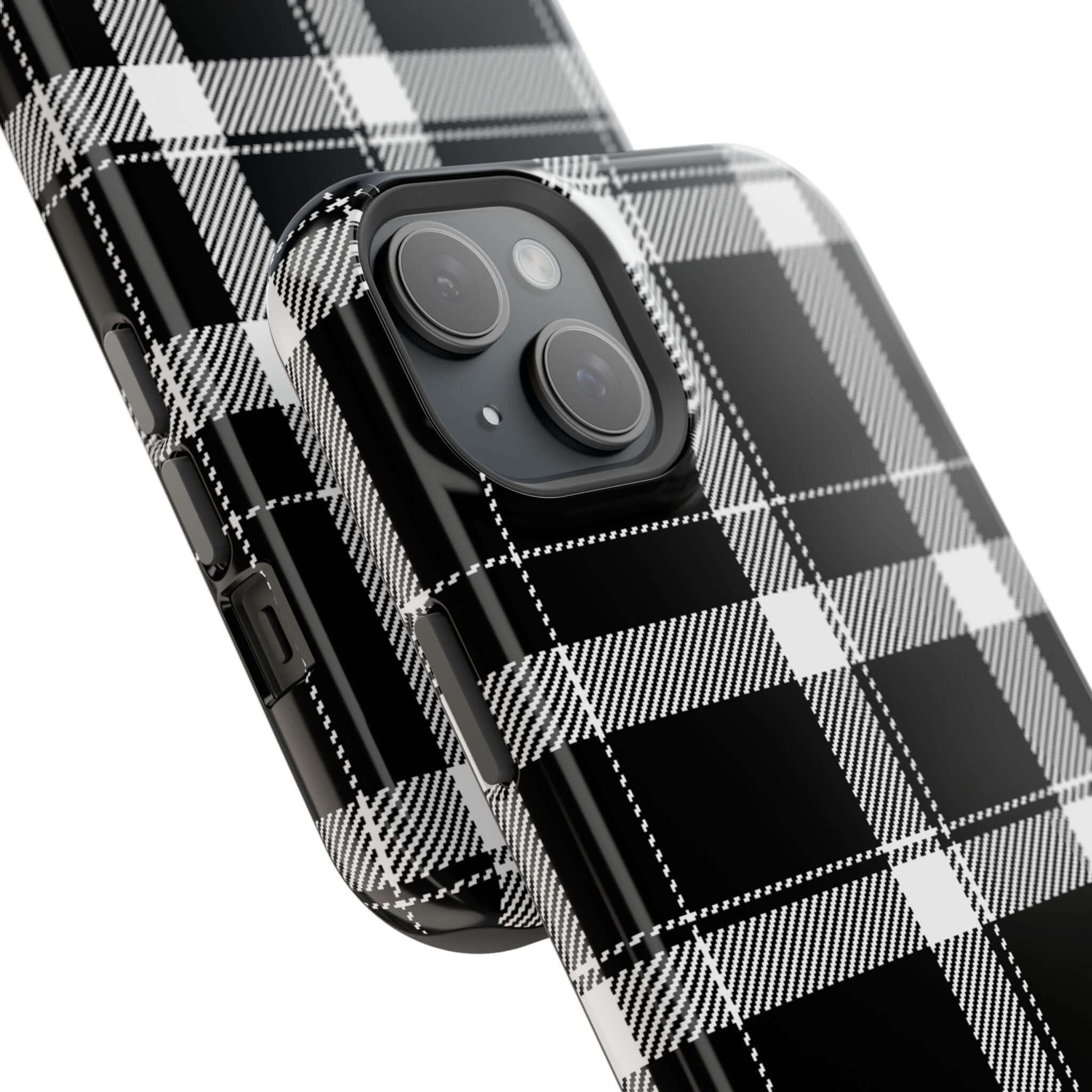 Classic black plaid iPhone case, stylish cute phone cover for Apple iPhone, perfect for fashion-forward individuals.