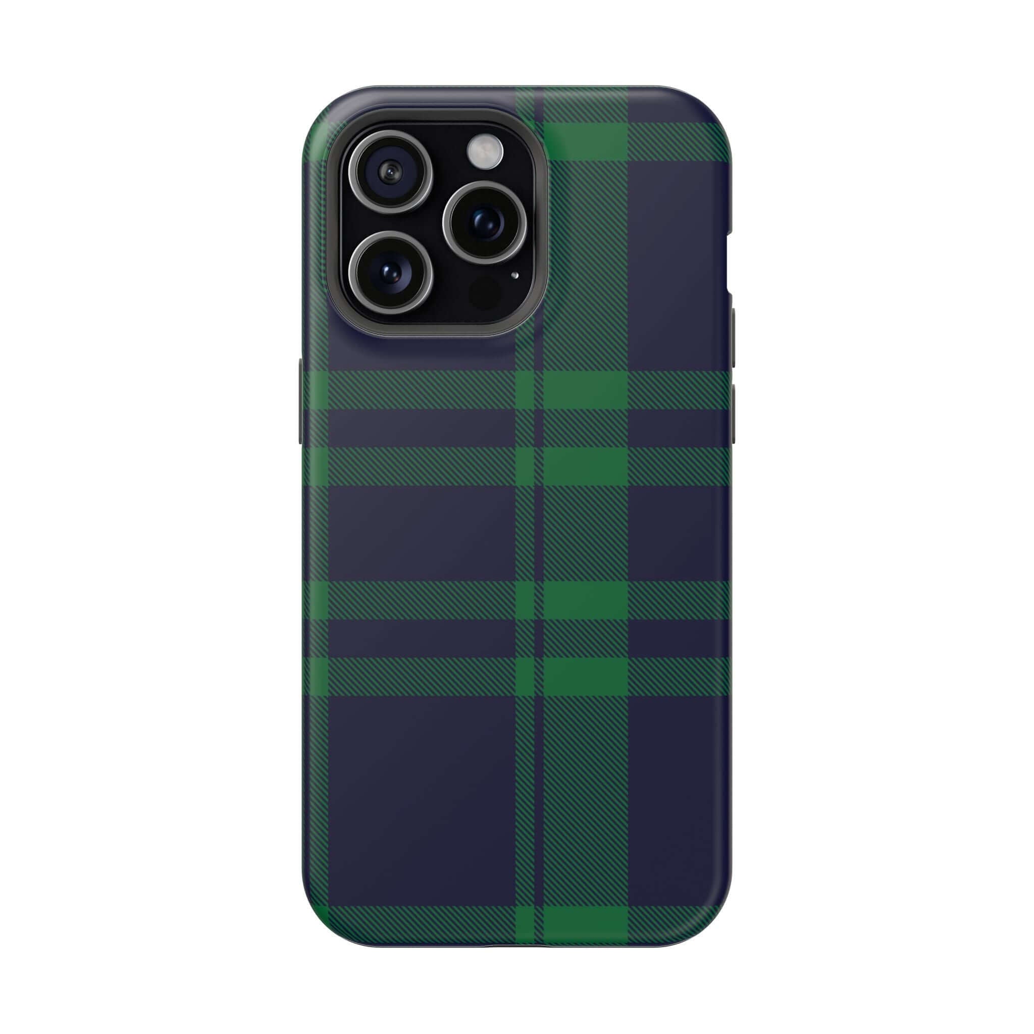 Cute Mistletoe Plaid MagSafe Case for iPhone, festive phone cover with green plaid pattern for the holiday season.