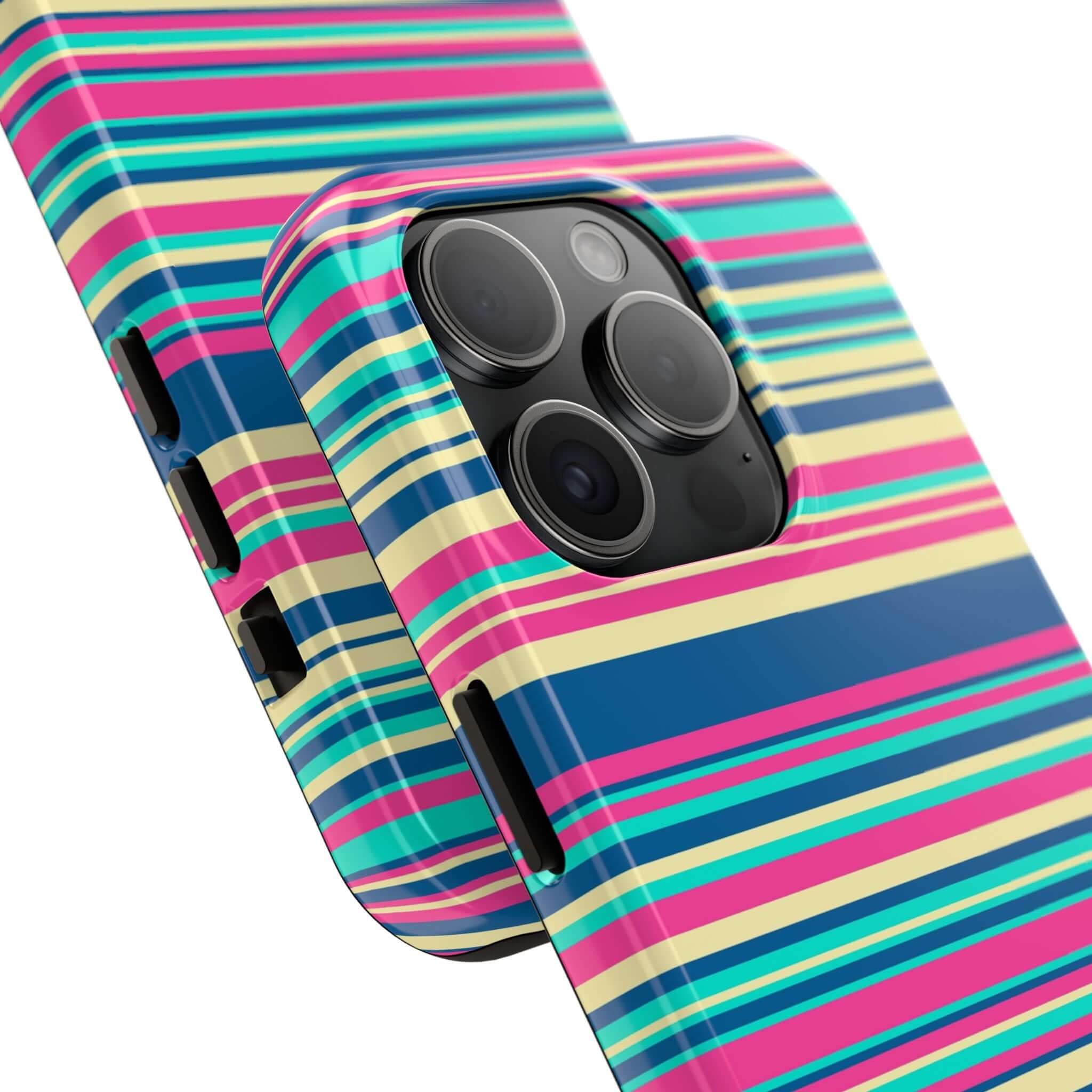 Colorful striped case for iPhone 14 and iPhone 15 with vibrant colors and playful design. Cute phone case offering style and protection.