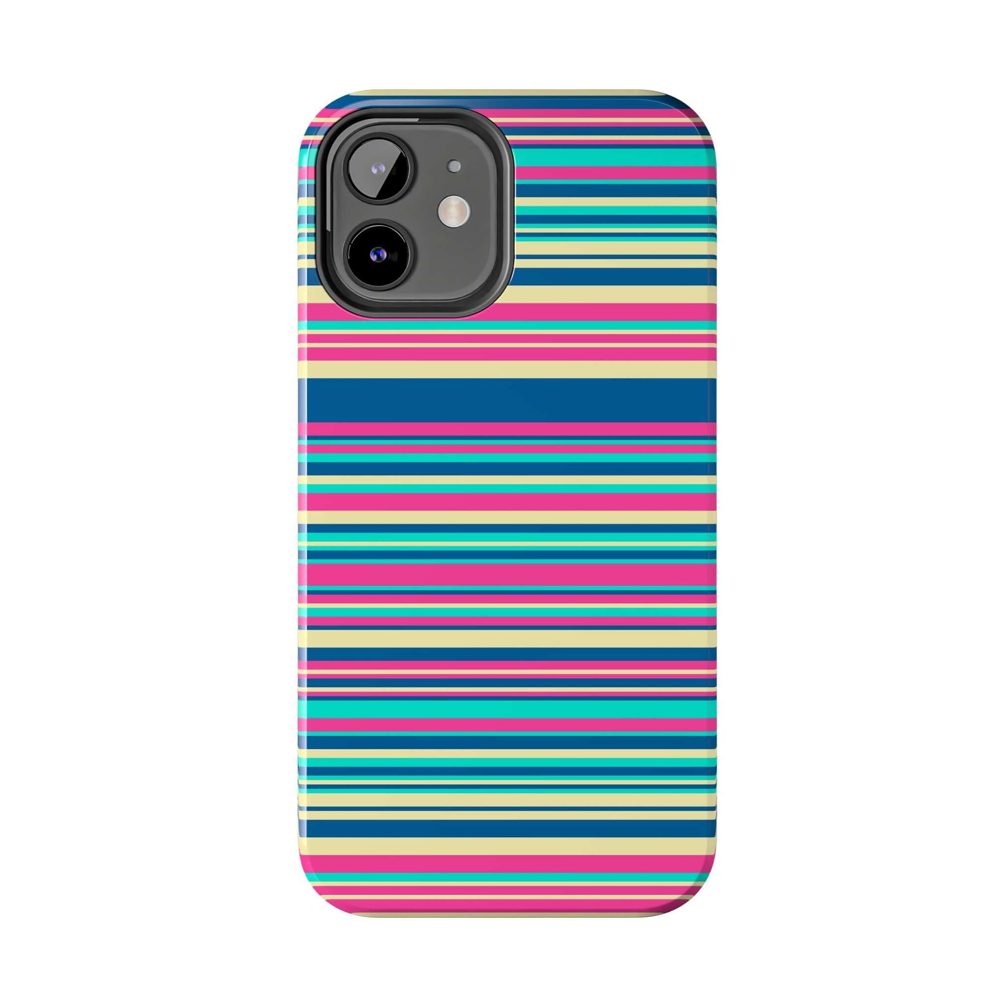 Colorful striped iPhone case for iPhone 14 and iPhone 15, cute case with vivid colors, fun and playful phone cover, free shipping available.