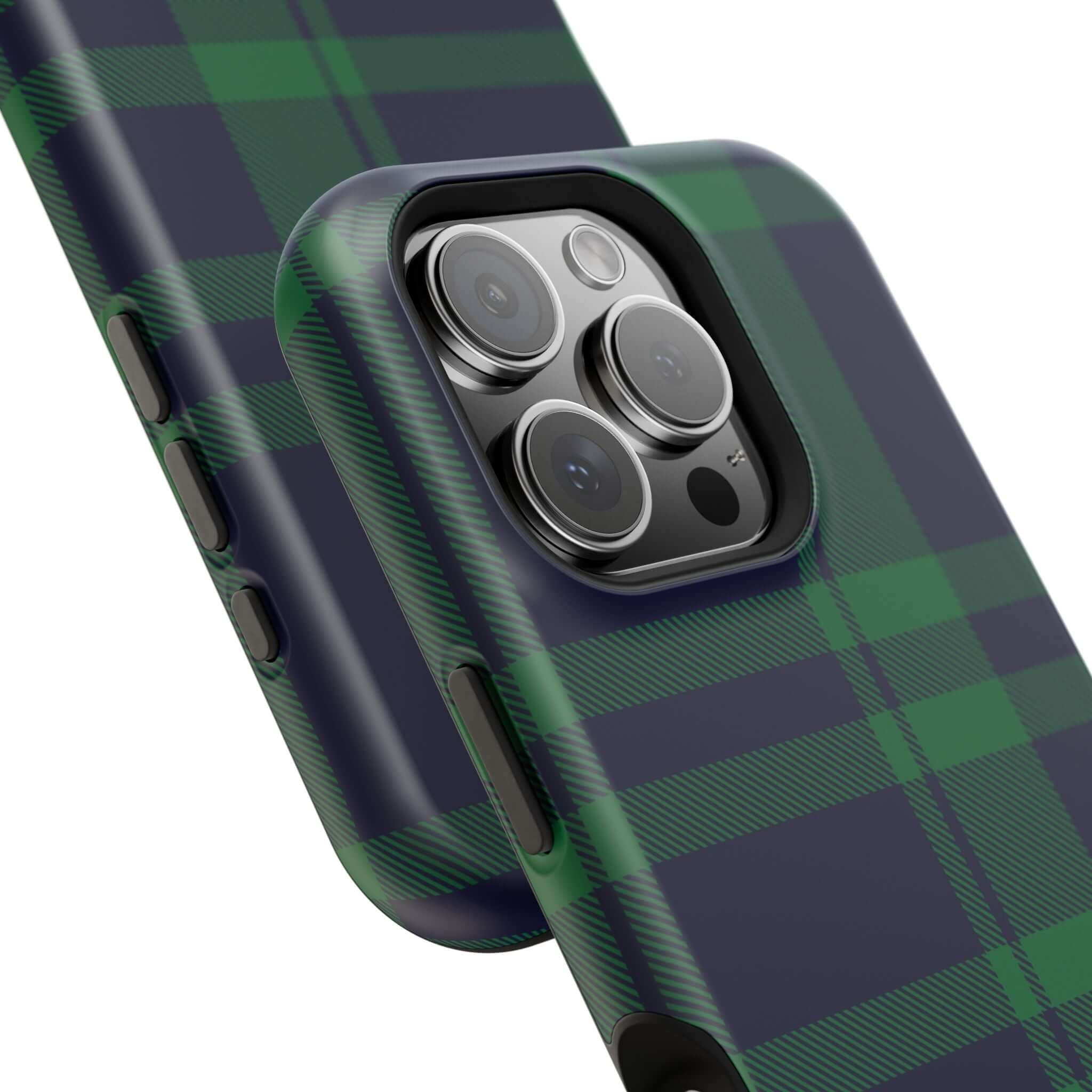 Mistletoe Plaid MagSafe Case featuring a festive green plaid design for stylish phone protection during the holidays.