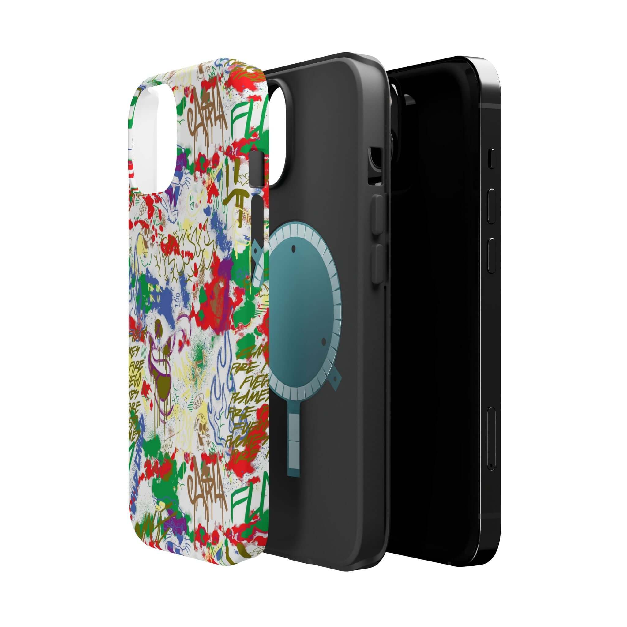 Colorful graffiti phone case showcasing street art design, perfect cute phone cover for iPhone enthusiasts.