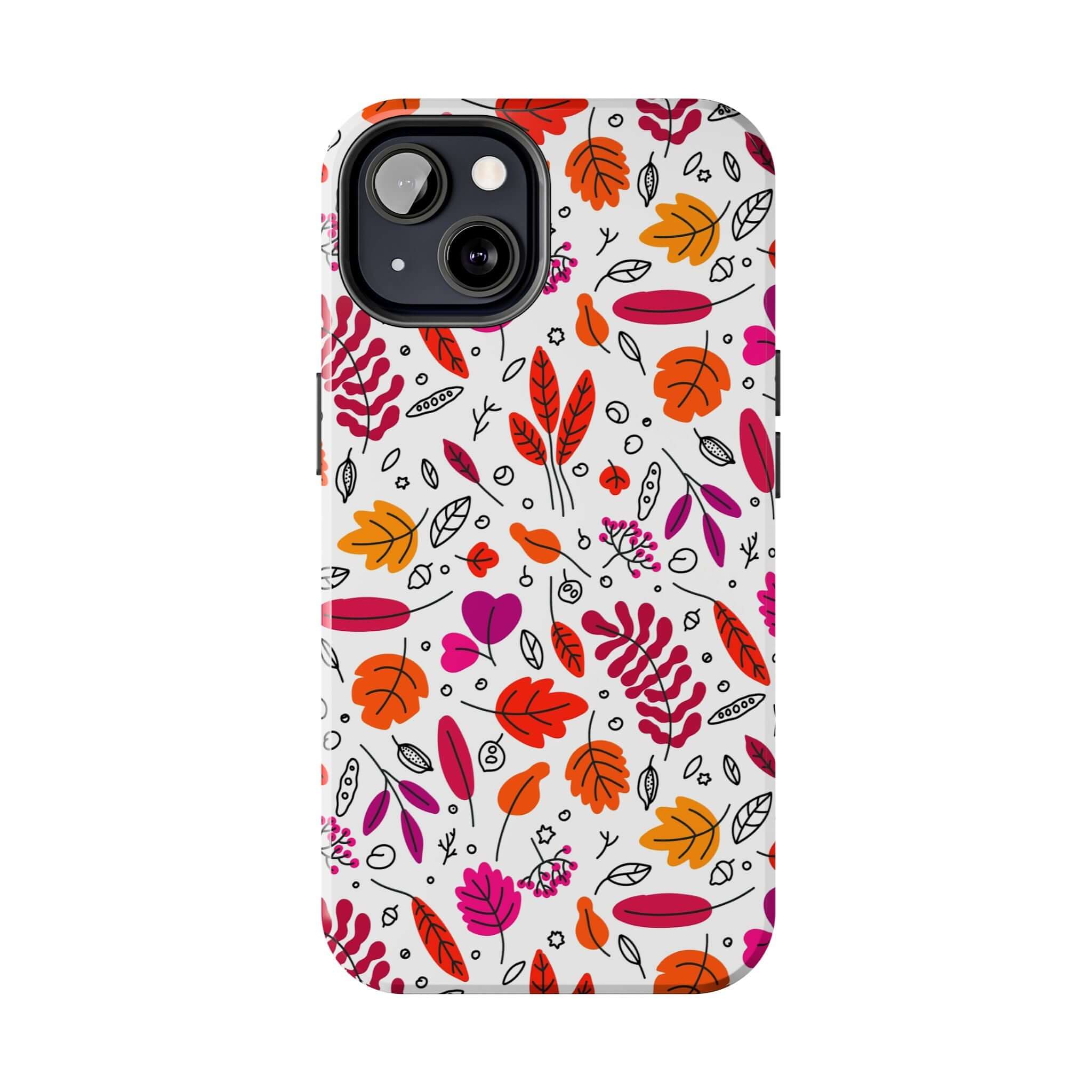 Fall in Love wireless charging case with colorful fall leaves design, perfect Halloween and cute fall iPhone case accessory