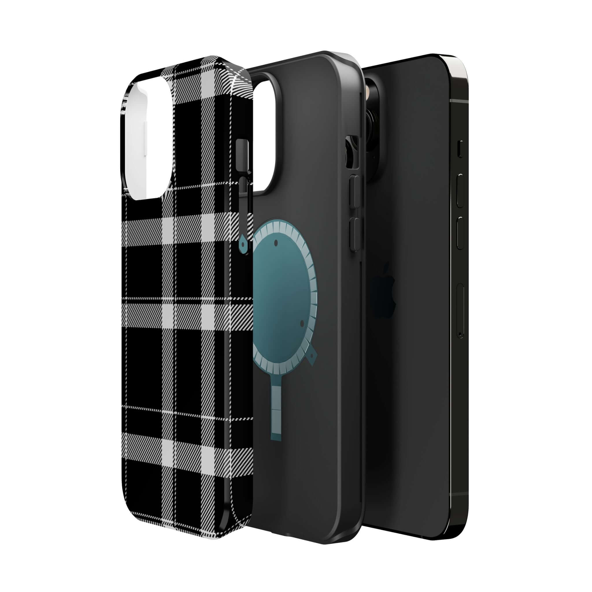 Stylish black plaid iPhone case alongside sleek designs, perfect for the fashion-forward individual. Cute phone cover for Apple iPhone.