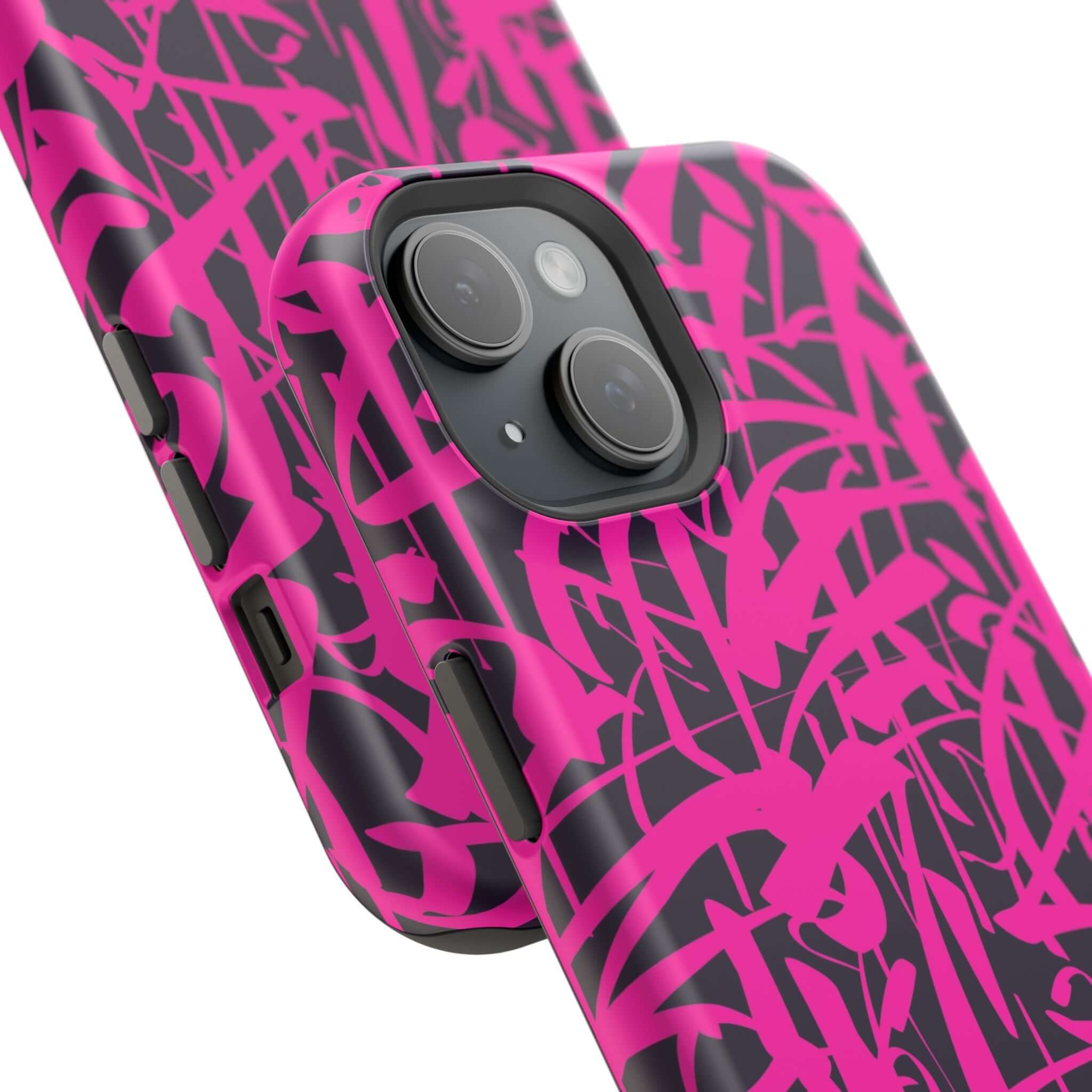 Close-up of the colorful Midnight Pop | Pink Art Case for iPhone, featuring unique playful designs and vibrant pink colors.