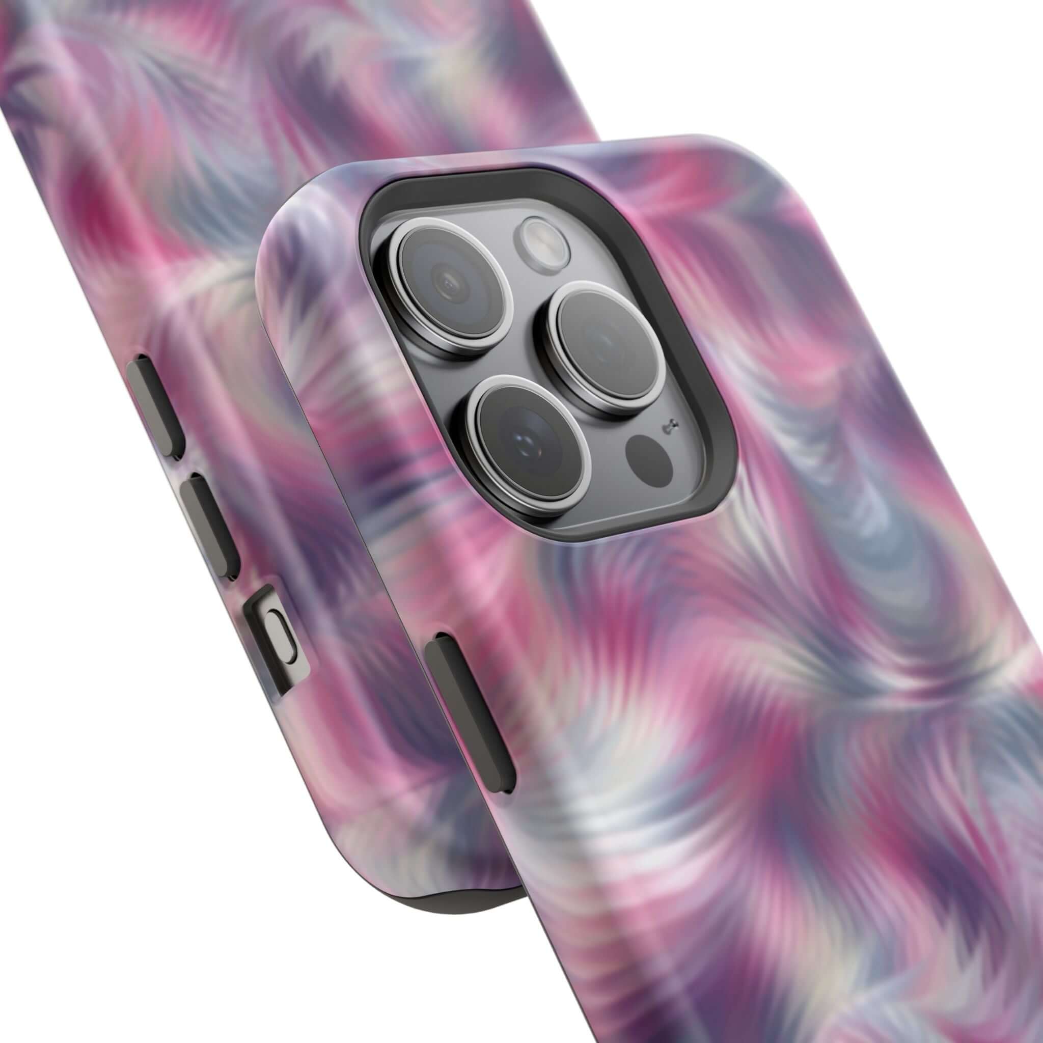 Purple abstract tie dye swirl MagSafe iPhone case, cute phone cover with quirky design, floral vibes for playful protection.