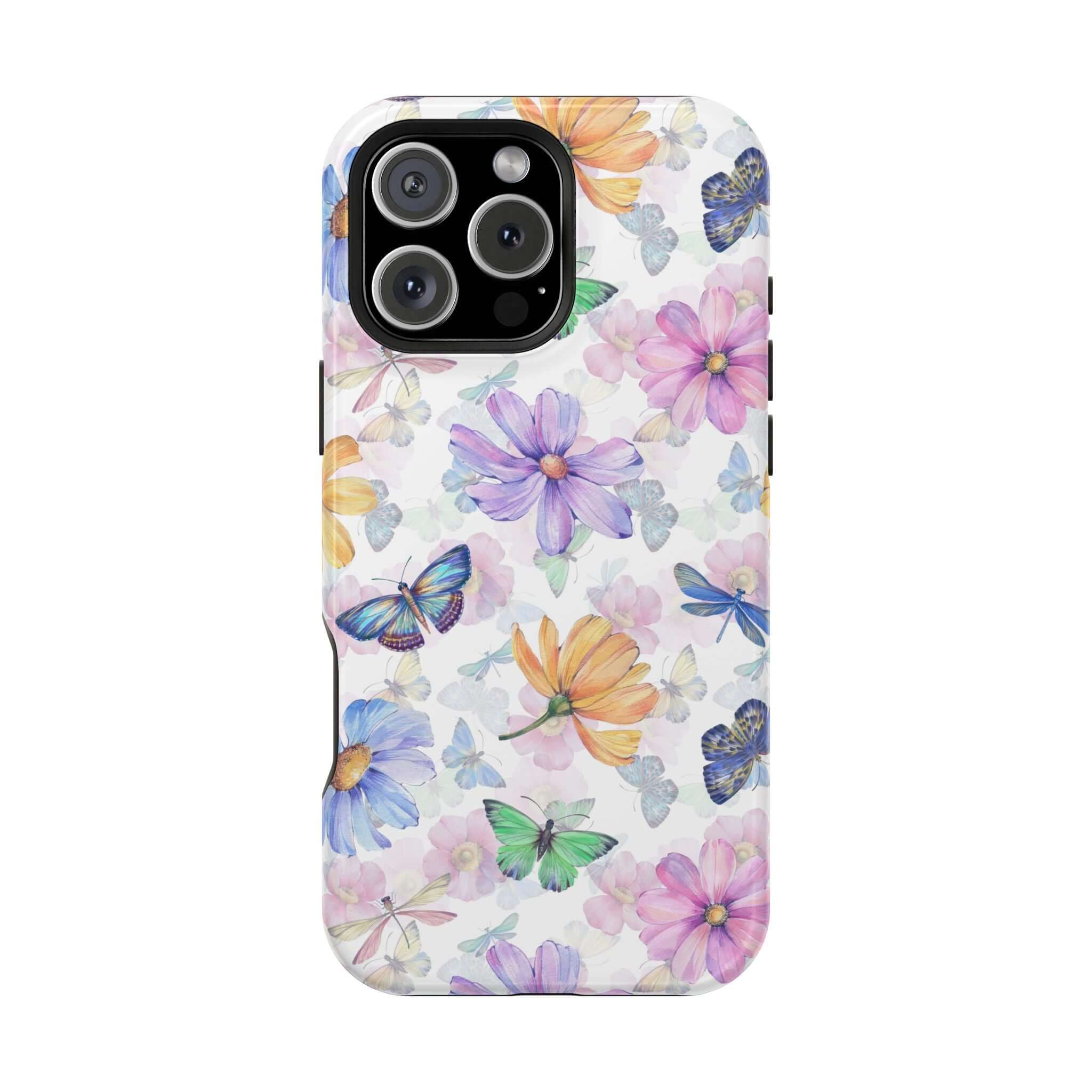 Cute MagSafe iPhone 16 case with watercolor butterfly design, featuring colorful flowers and butterflies for stylish phone protection.