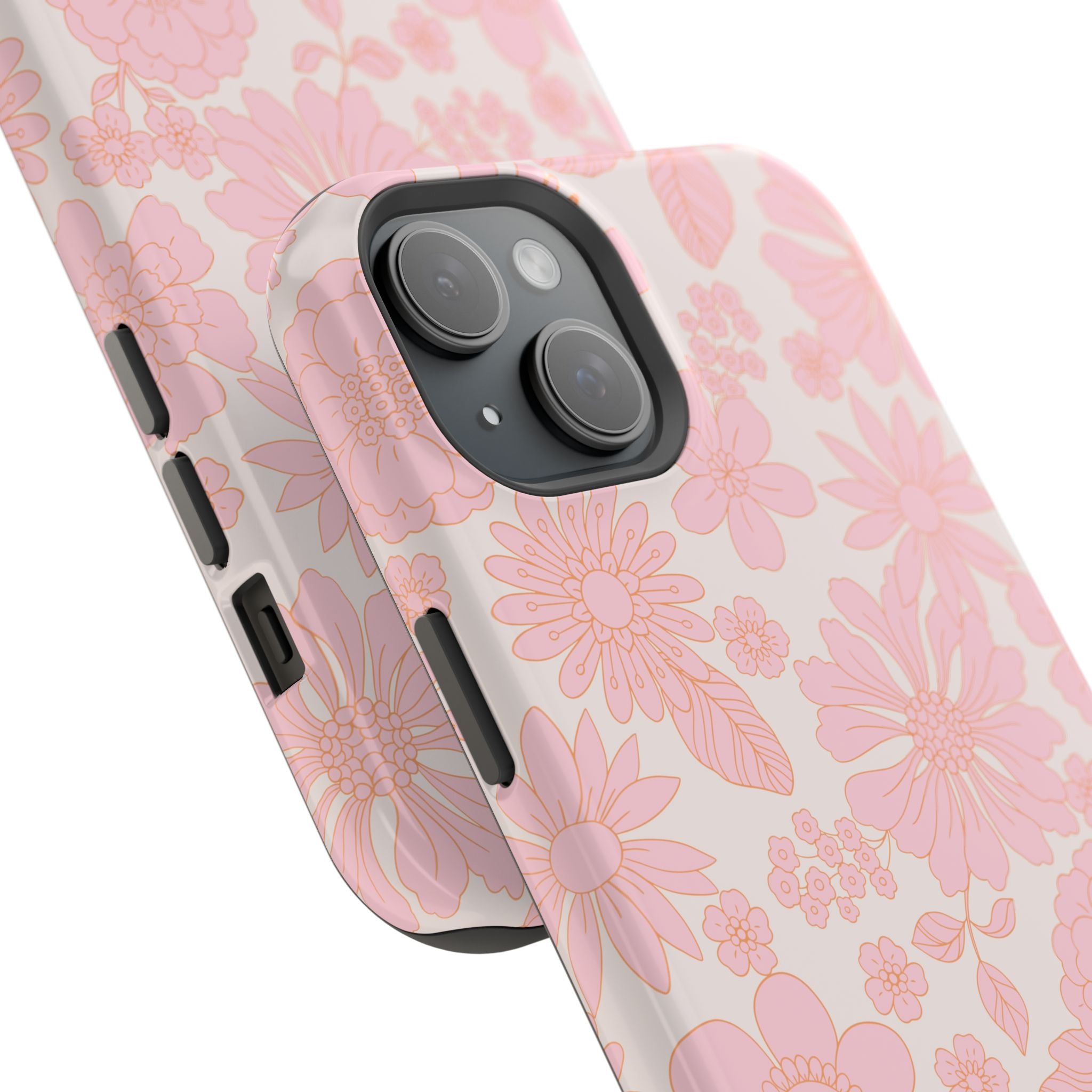 Pink floral phone case for iPhone 16 with MagSafe compatibility, featuring a charming cottagecore design, perfect for a cute aesthetic.