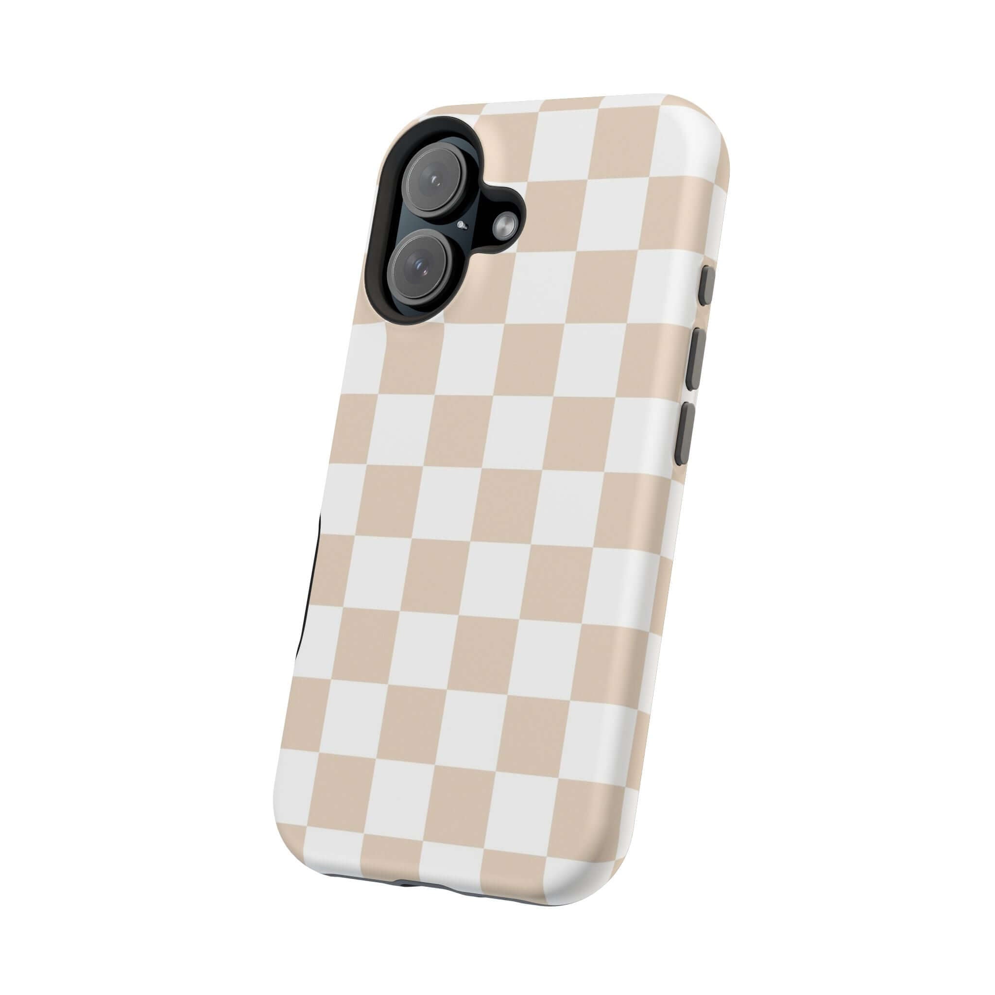 Cute MagSafe iPhone 16 case in a beige checkered design, cream checkered phone case for stylish protection.