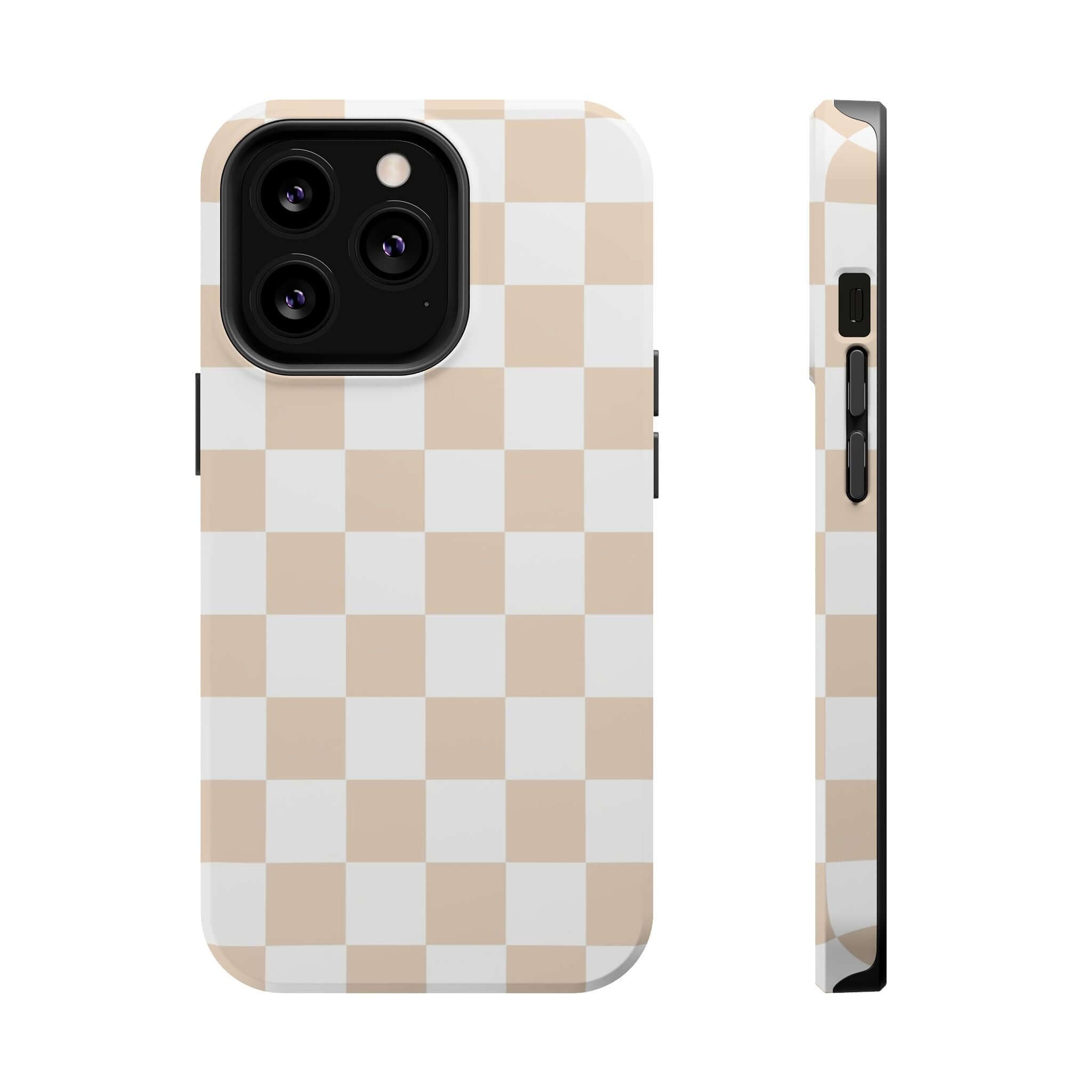 Cream checkered MagSafe iPhone 16 case, cute protective phone case with beige checkered print for trendy style and phone protection.