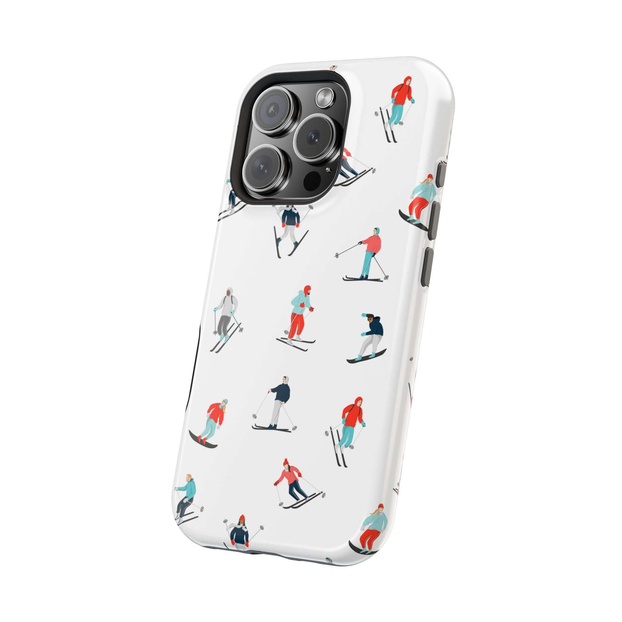 Cute phone cover featuring ski illustrations, perfect for winter sports enthusiasts and MagSafe compatible.