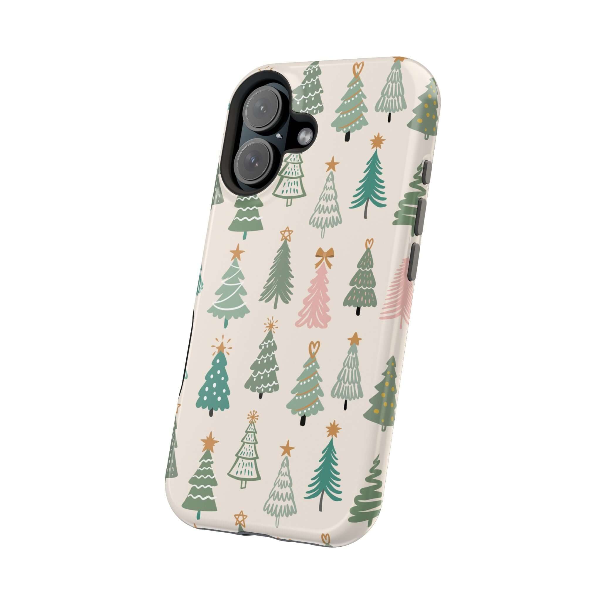 Festive O Christmas Tree MagSafe phone case with colorful tree design, perfect holiday cover for protection and style.