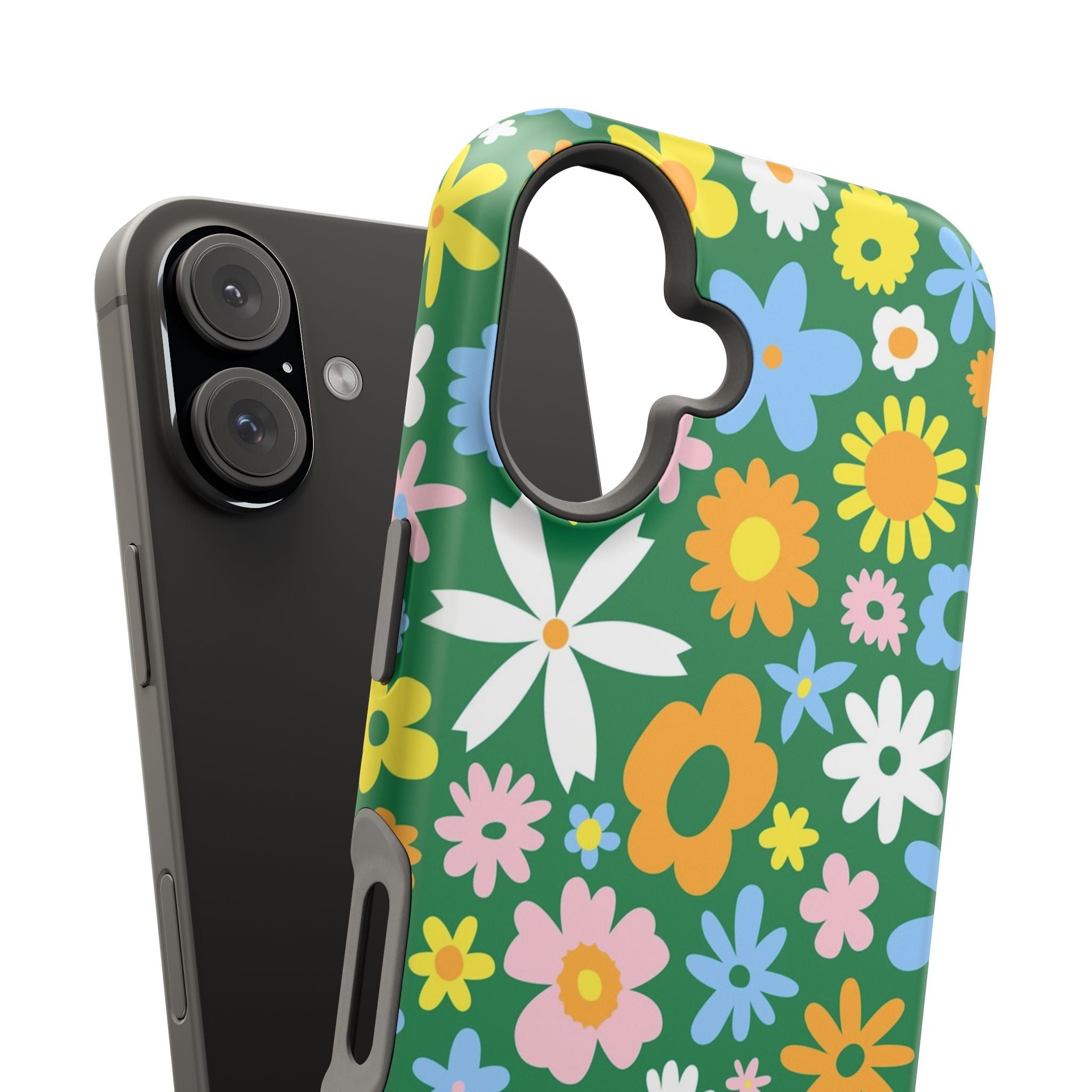 Vibrant floral MagSafe iPhone case with playful hippie design and colorful blooms, perfect cute phone cover for a quirky style.