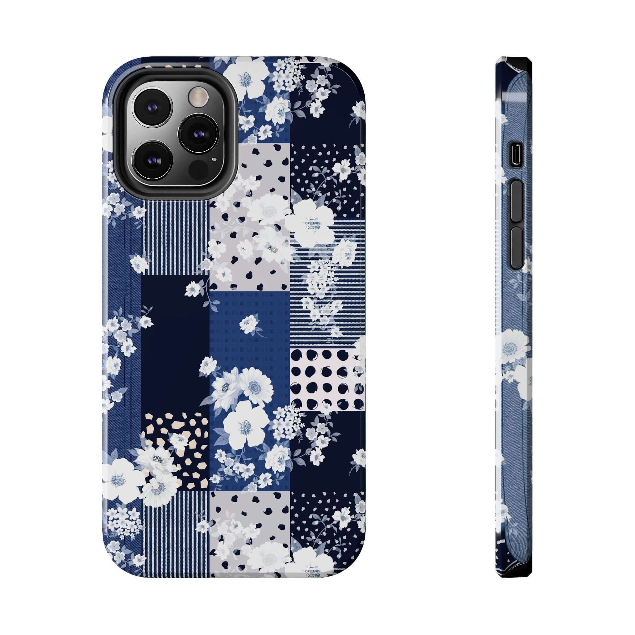 Blue floral patchwork iPhone case, perfect for sorority book club, cute phone cover with flowers, doubles as Samsung phone case.