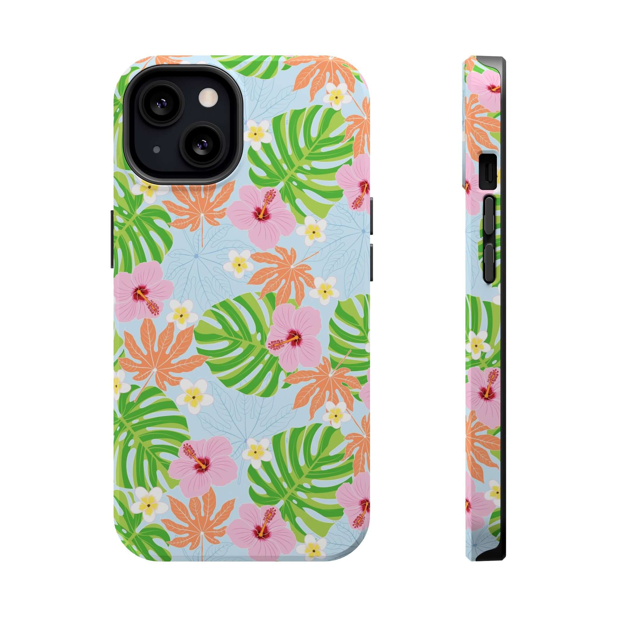 MagSafe iPhone 14 Pro case with tropical hibiscus floral design and leaf pattern, cute phone cover for tropical style and protection.