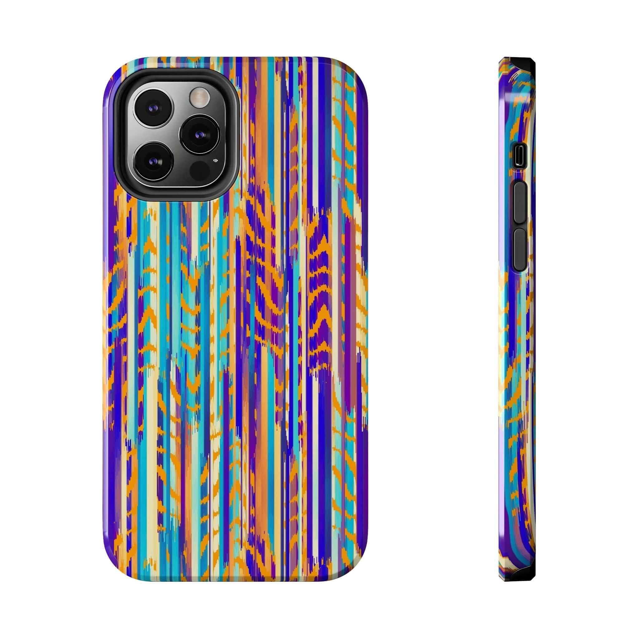 Colorful abstract tie dye iPhone case with vibrant stripes, showcasing a unique and cute design, perfect for making your phone stand out.