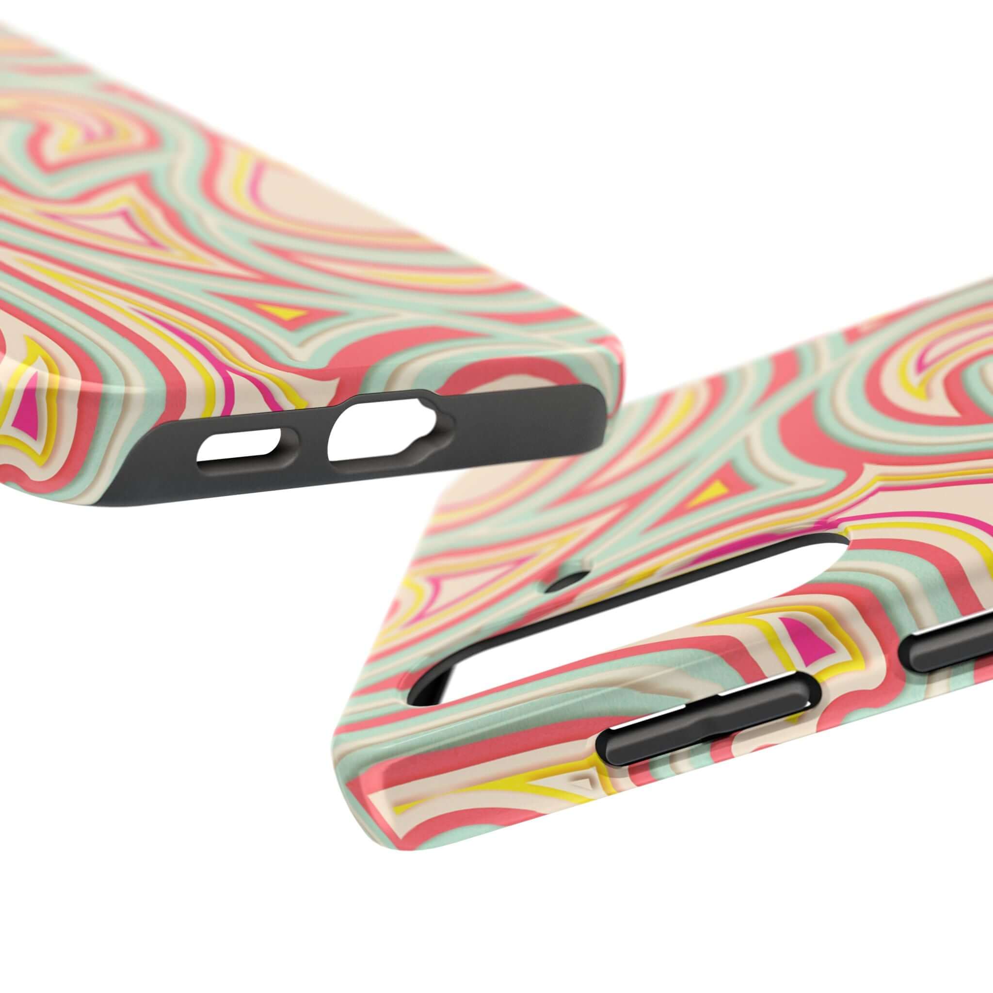 Retro abstract phone case with colorful groovy waves pattern for iPhone and Samsung.