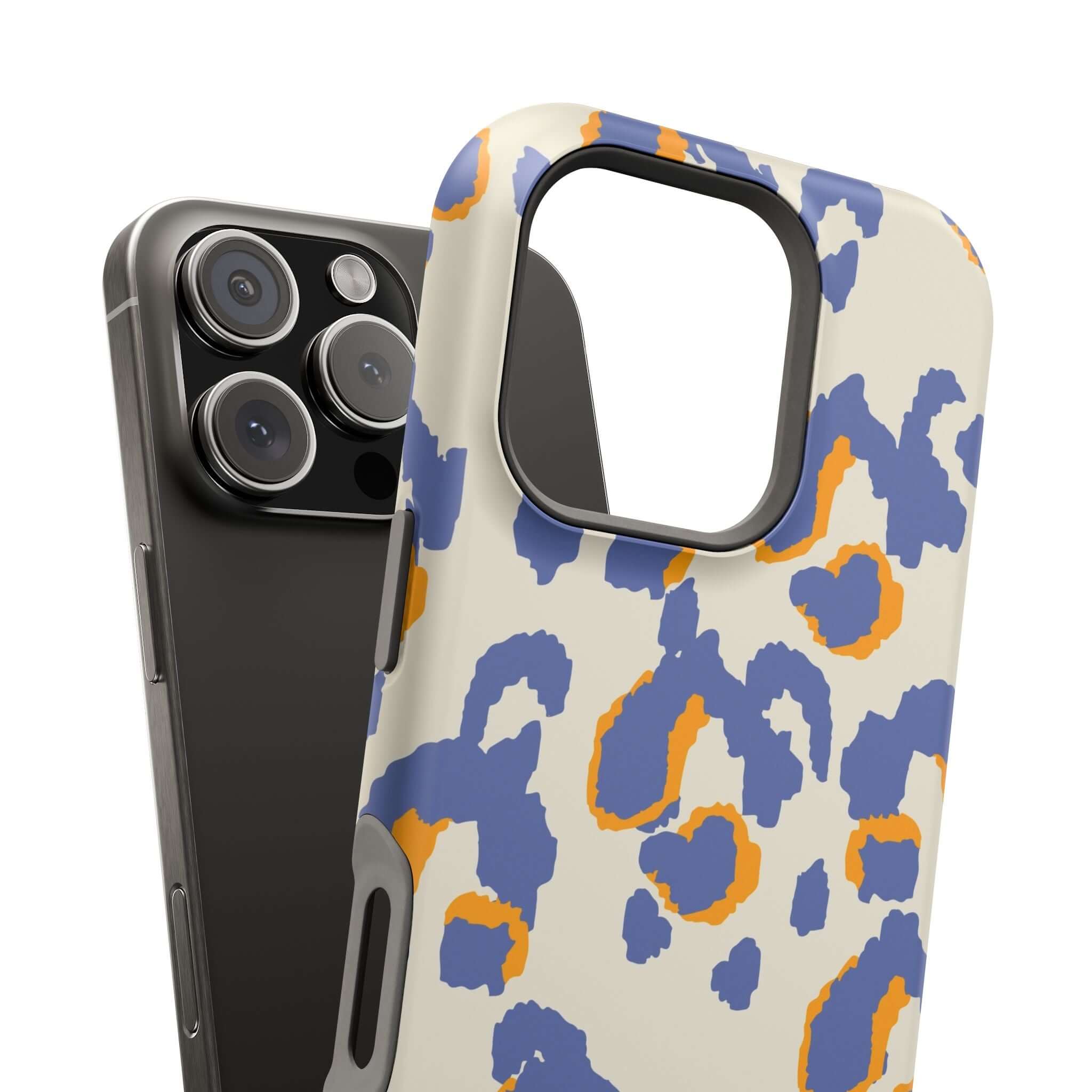 Colorful blue leopard MagSafe case for iPhone with abstract pattern, showcasing a cute and stylish design.