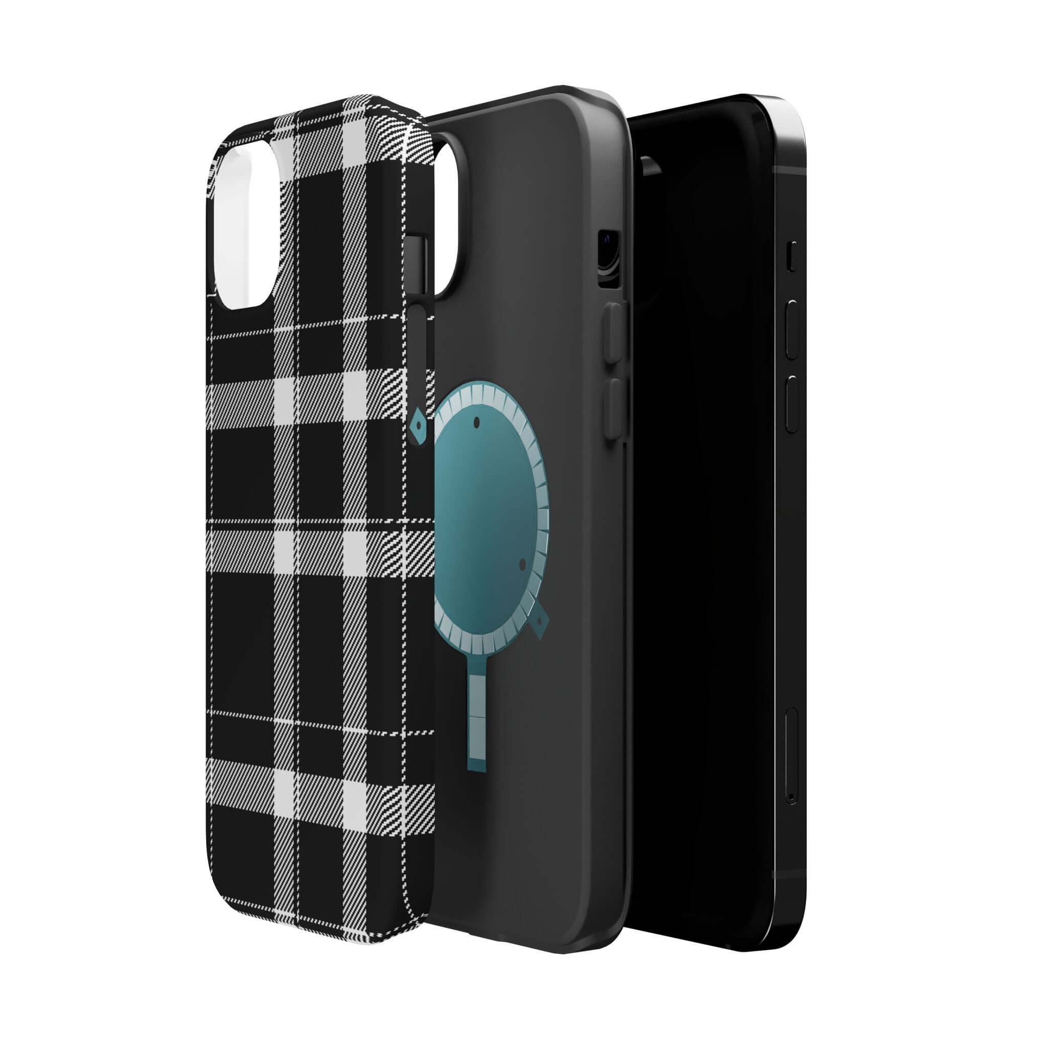 Stylish black plaid phone case for Apple iPhone, offering cute protection and fashion-forward flair.