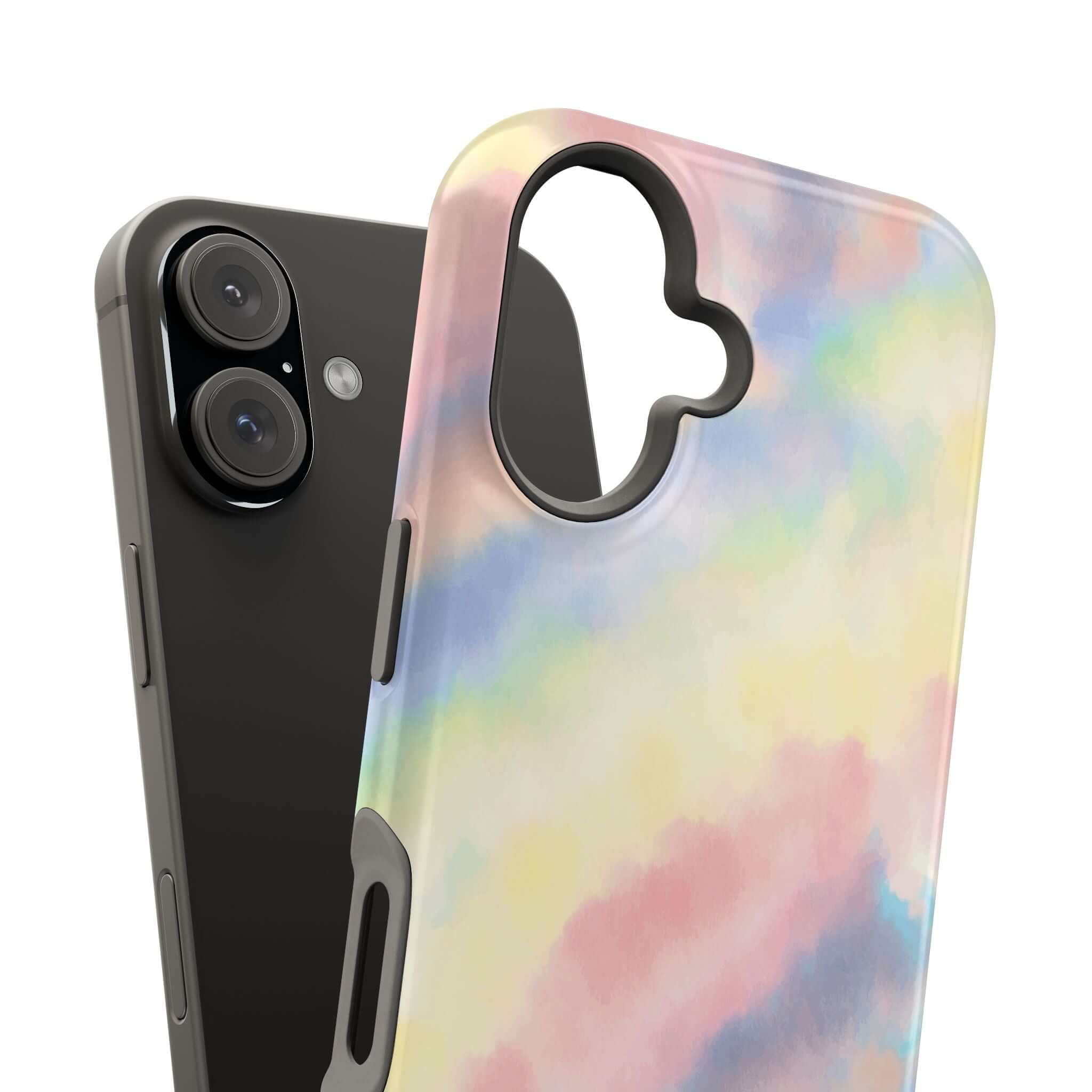 Cute custom iPhone case with pastel tie dye design and MagSafe compatibility, perfect for infusing magic into your phone.