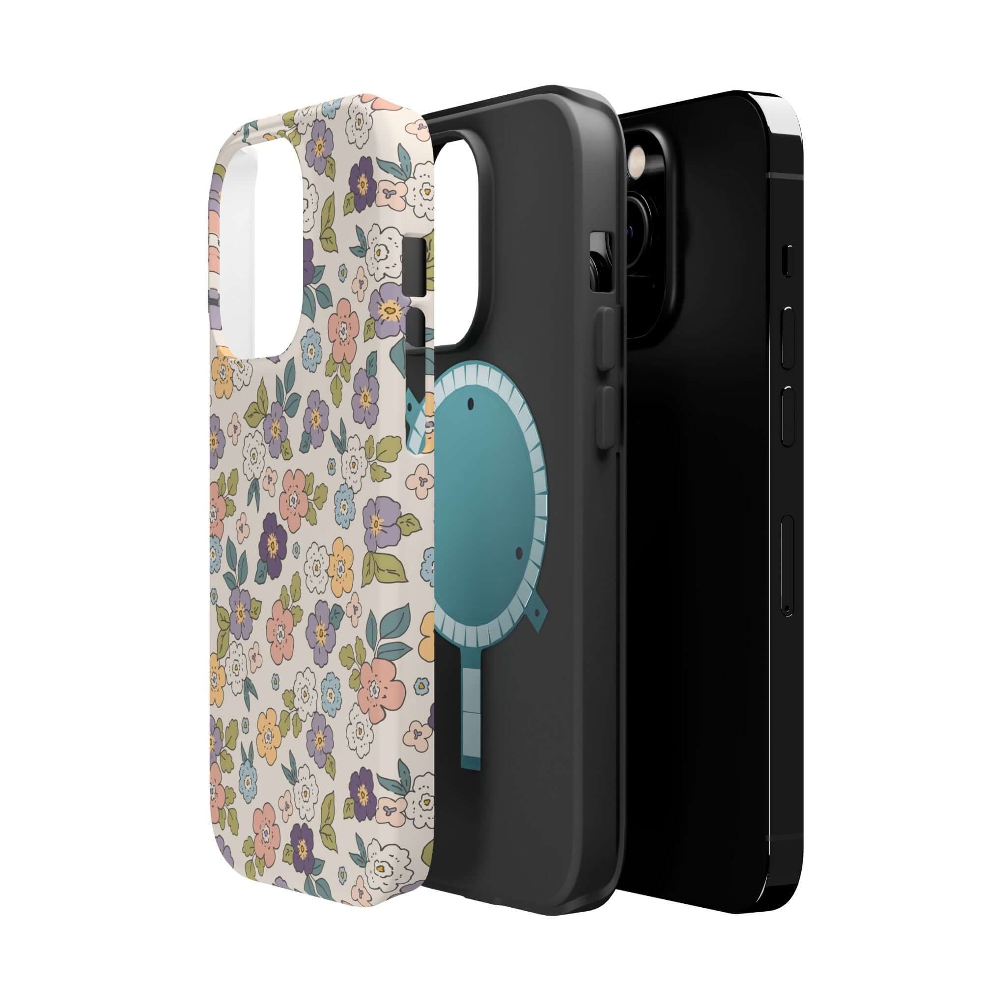 Colorful Ditsy Daisies iPhone case alongside sleek black phone covers, perfect for stylish beachy vibes and cute phone protection.