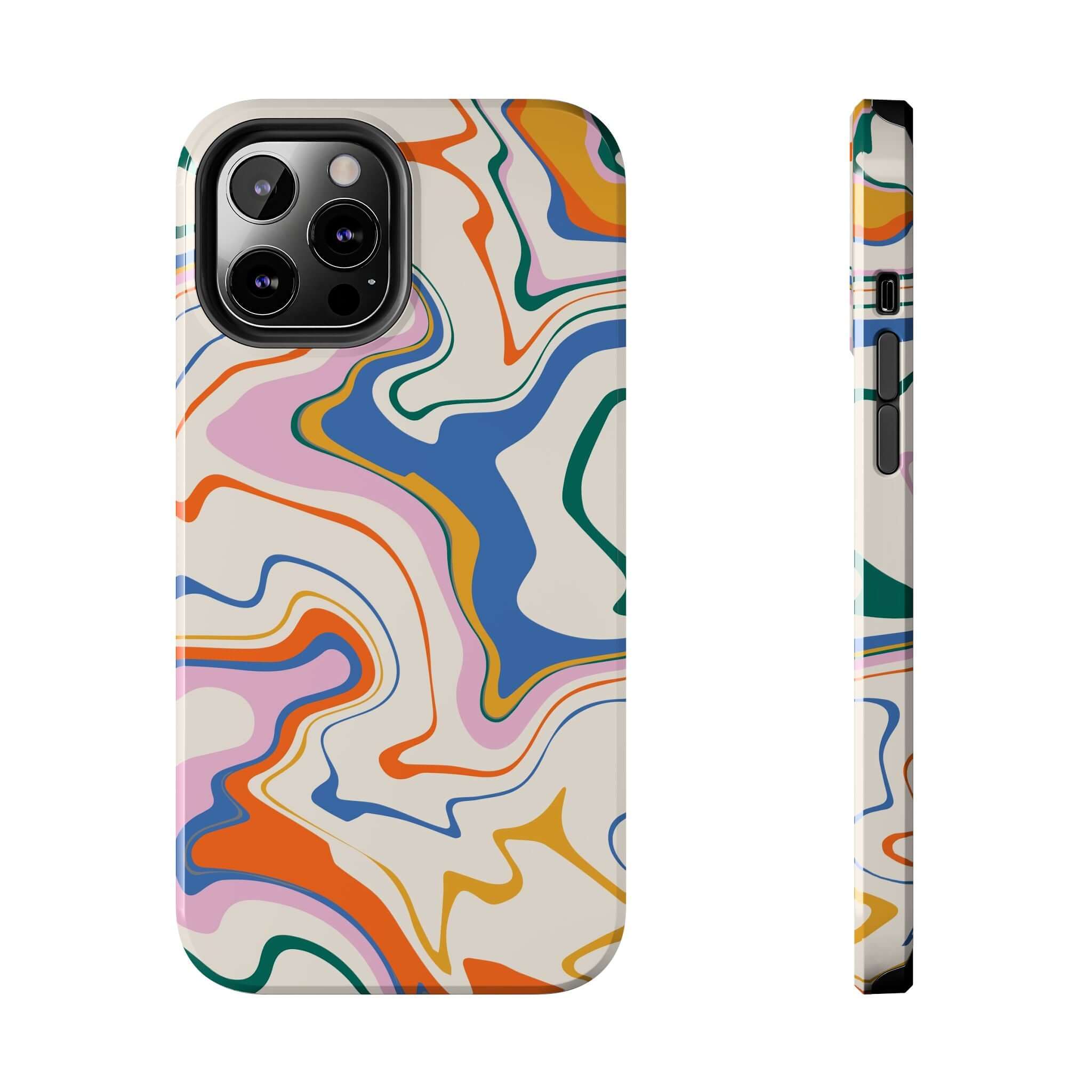 Colorful abstract iPhone 14 Pro Max case with vibrant swirl design, perfect cute phone case for Samsung S23 and other models.