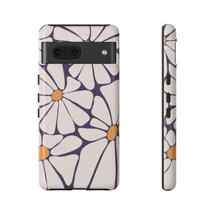 Retro flower case for iPhone 14 with purple and orange flower design, cute phone case for Samsung or Pixel, Purple Haze phone cover