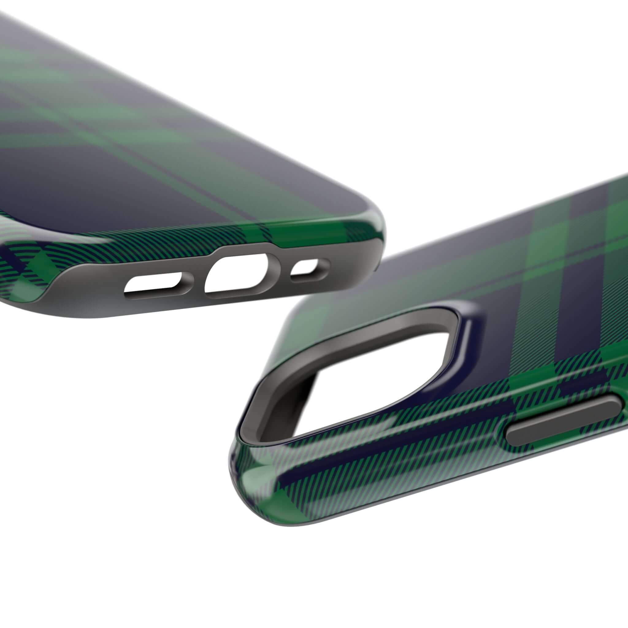 Close-up of Mistletoe Plaid MagSafe Case showcasing festive green plaid design for a cute phone cover.