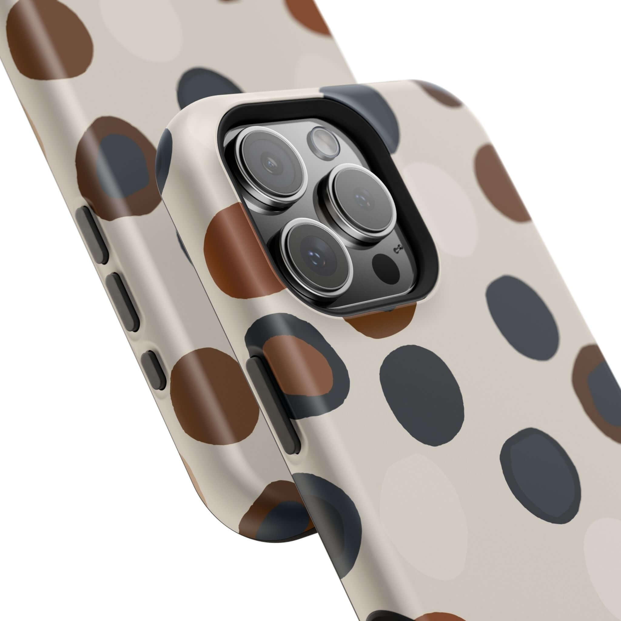 Chic Wanderer Modern Spots Case with playful brown dots, a colorful and cute MagSafe iPhone case for the fashion-forward adventurer.