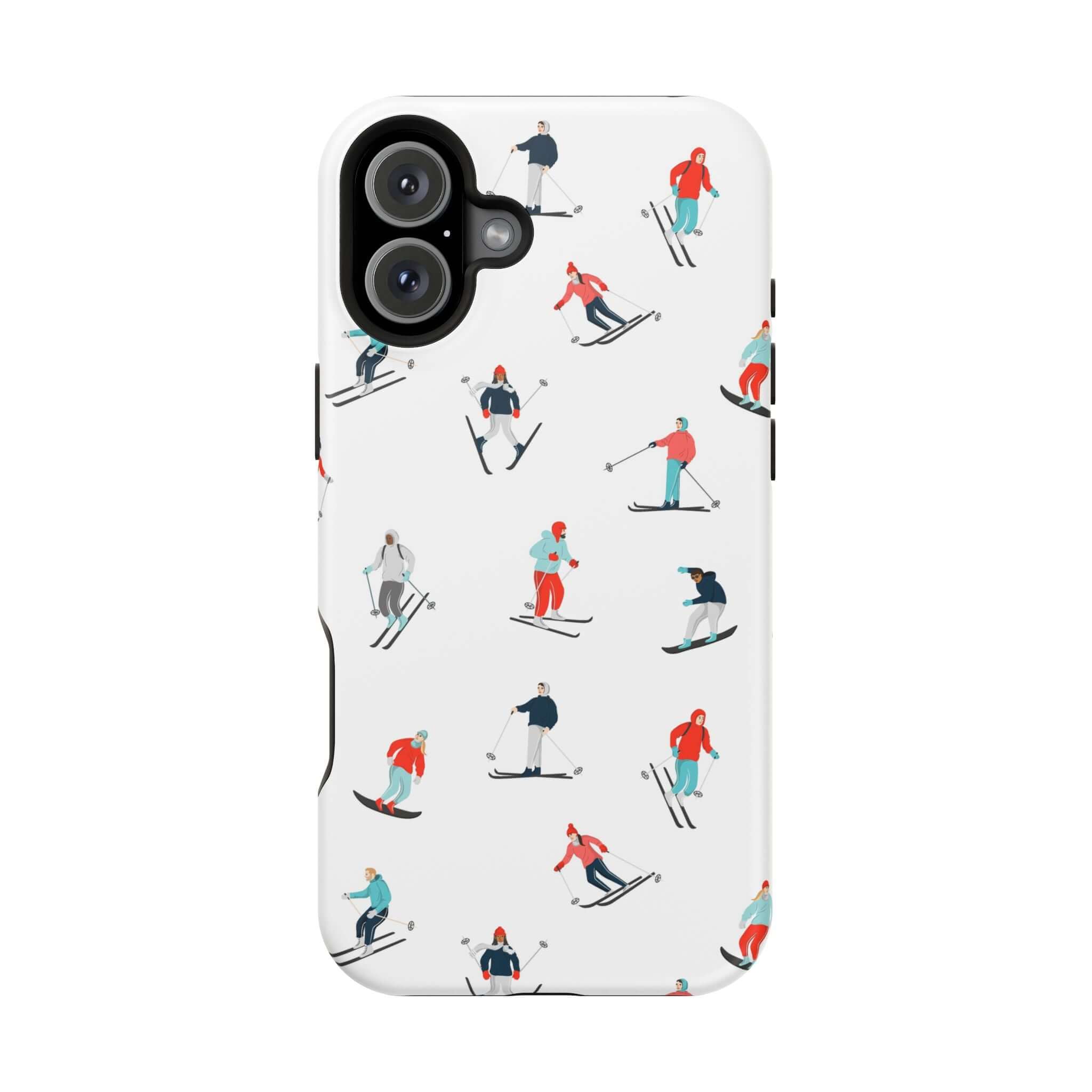 Cute phone cover featuring colorful skiers, perfect iPhone case for winter sports enthusiasts. Snowy Slopes design.