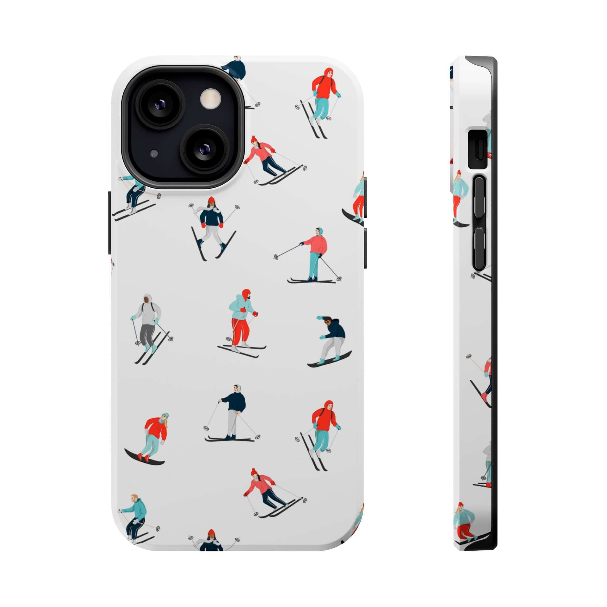 Cute phone cover featuring skiers, perfect winter accessory for iPhone lovers and sports enthusiasts.