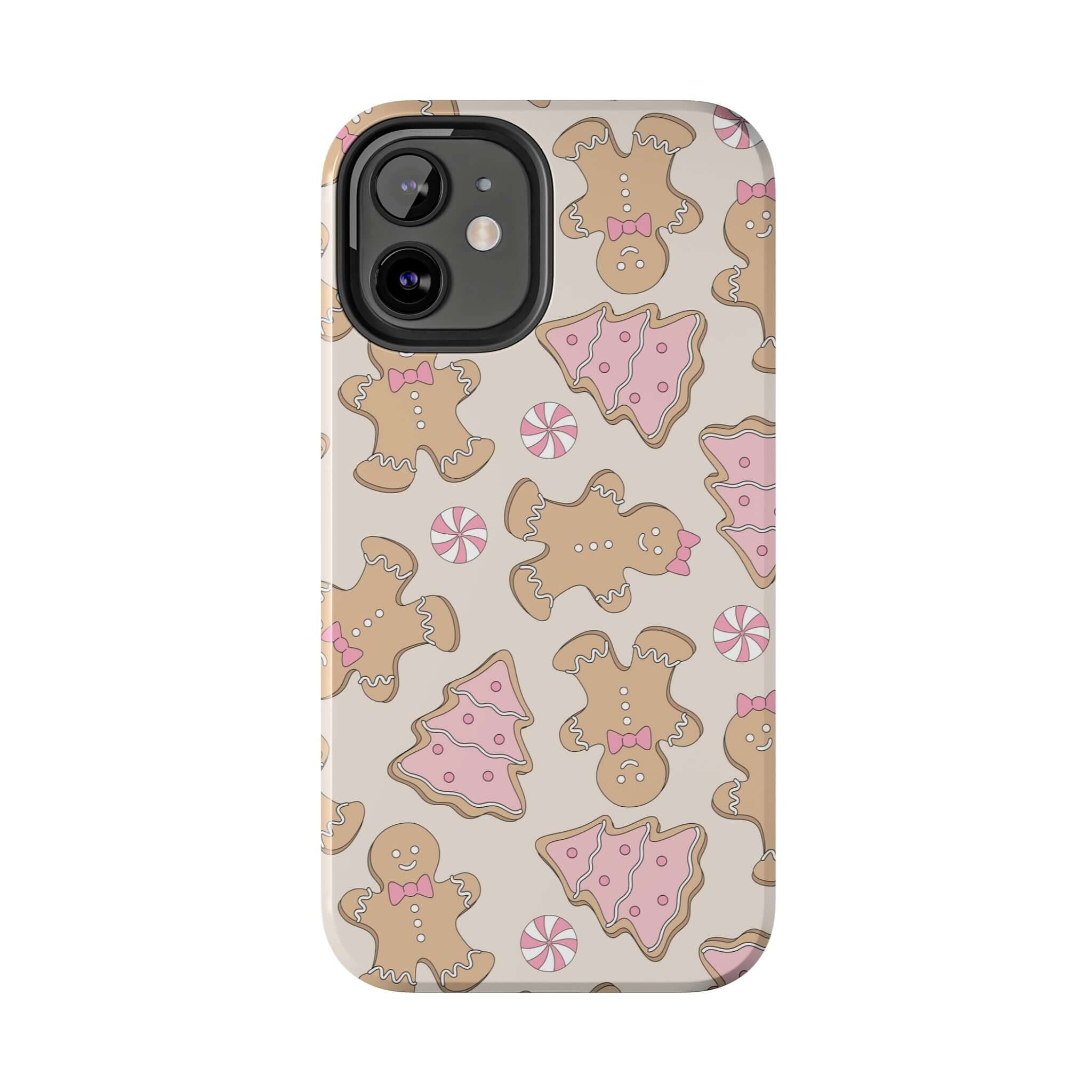 Cute iPhone case with Gingerbread Girlie, colorful holiday design, perfect Christmas phone cover for festive cheer and protection.