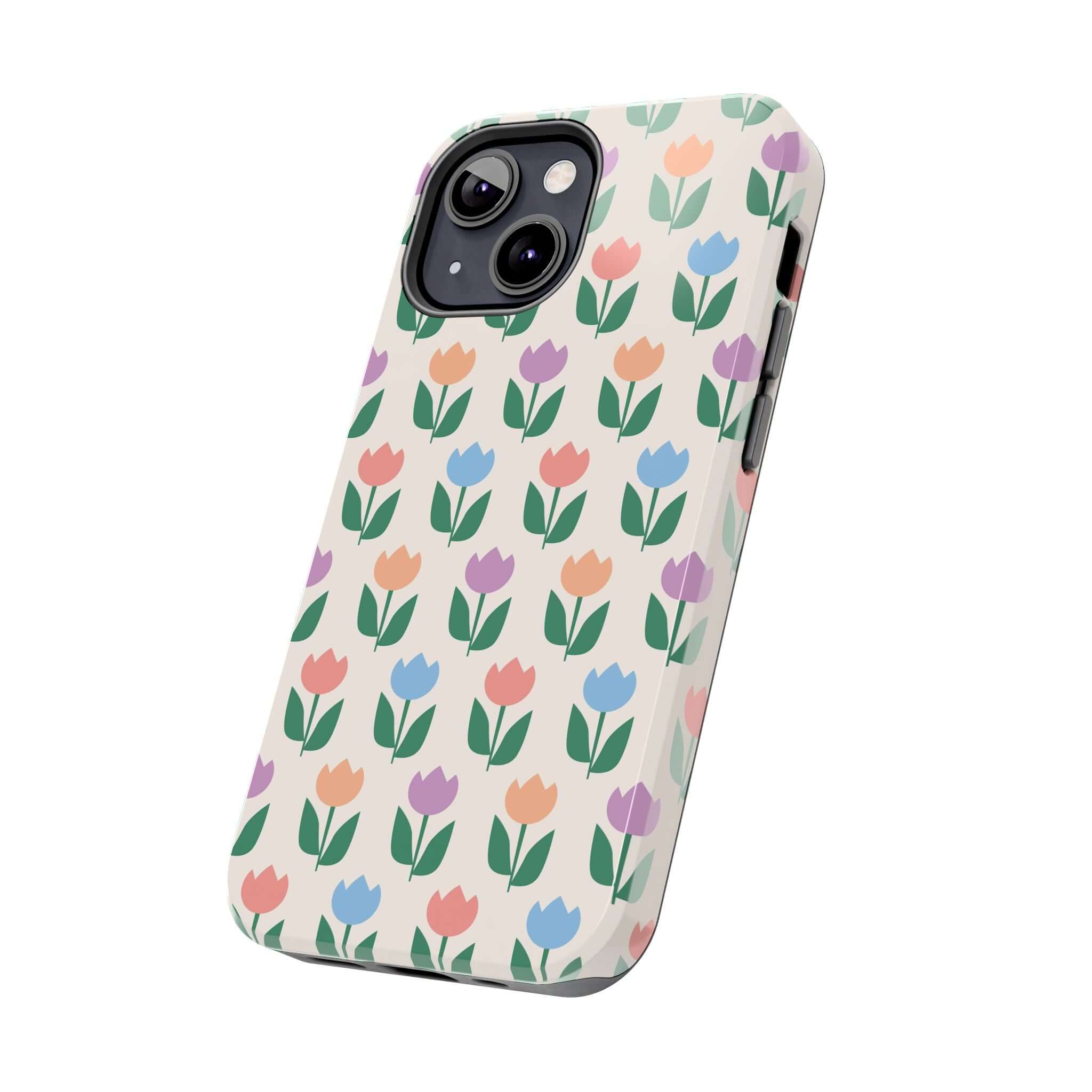 Vibrant floral phone case with colorful tulips for iPhone 14 Pro Max showcasing playful and cheerful design.