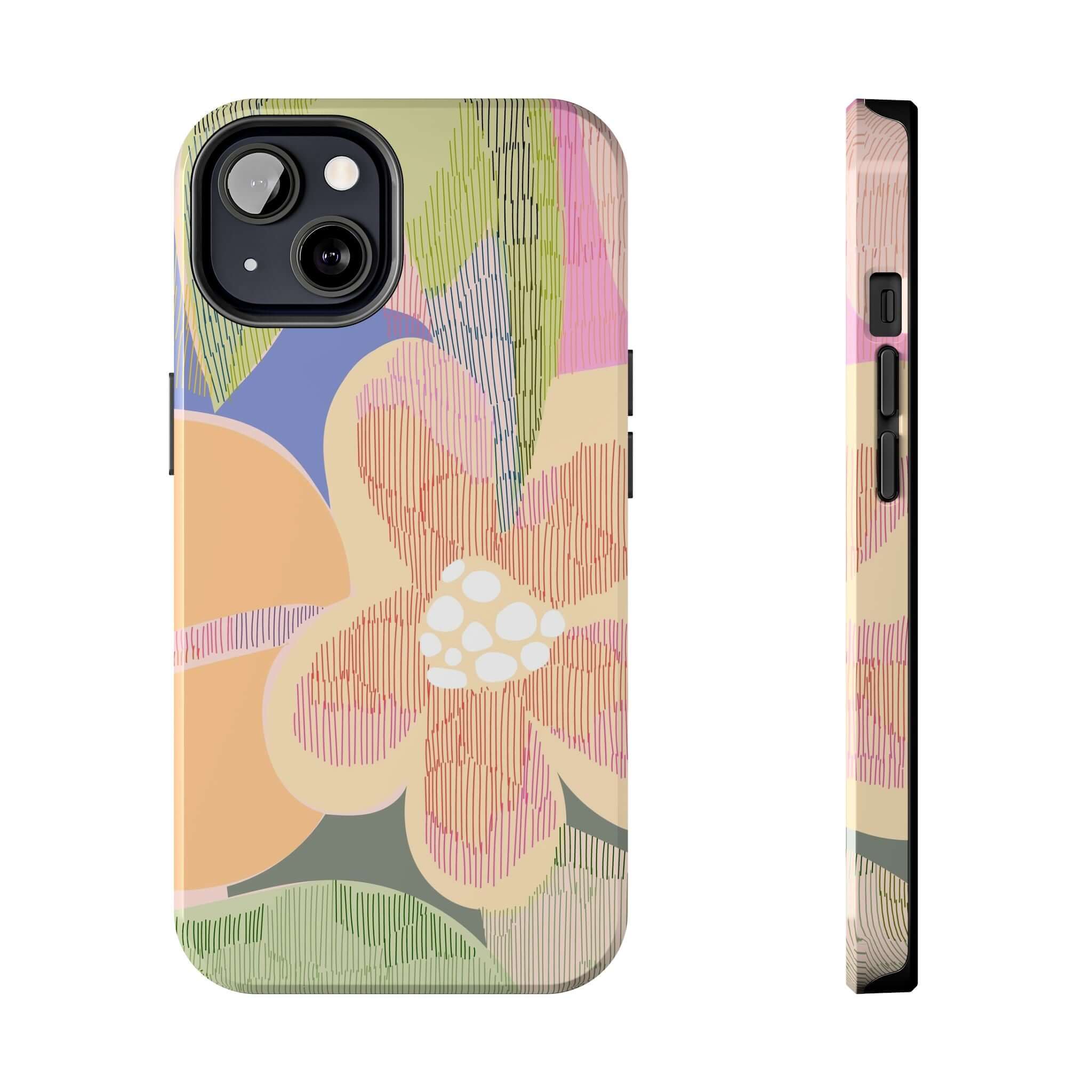 Abstract floral beach dreamer phone case for iPhone 14 Pro Max and Samsung S23 with colorful palm tree design.