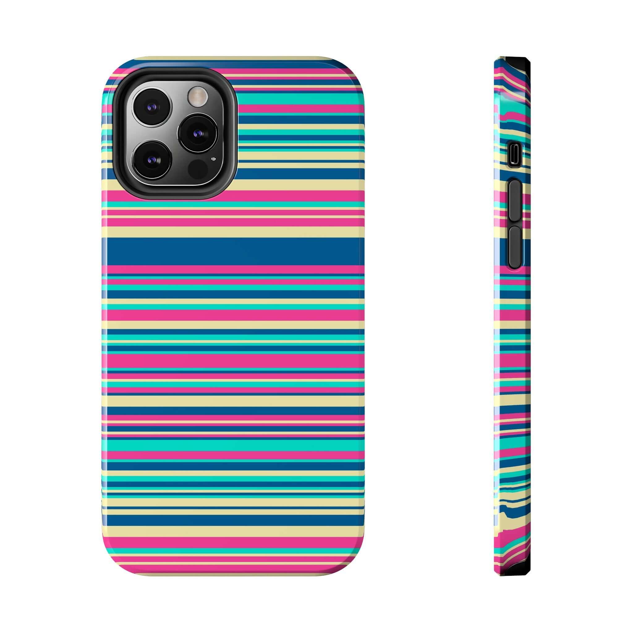 Cute colorful striped iPhone case for iPhone 14 and 15, fun and playful phone cover with free shipping.