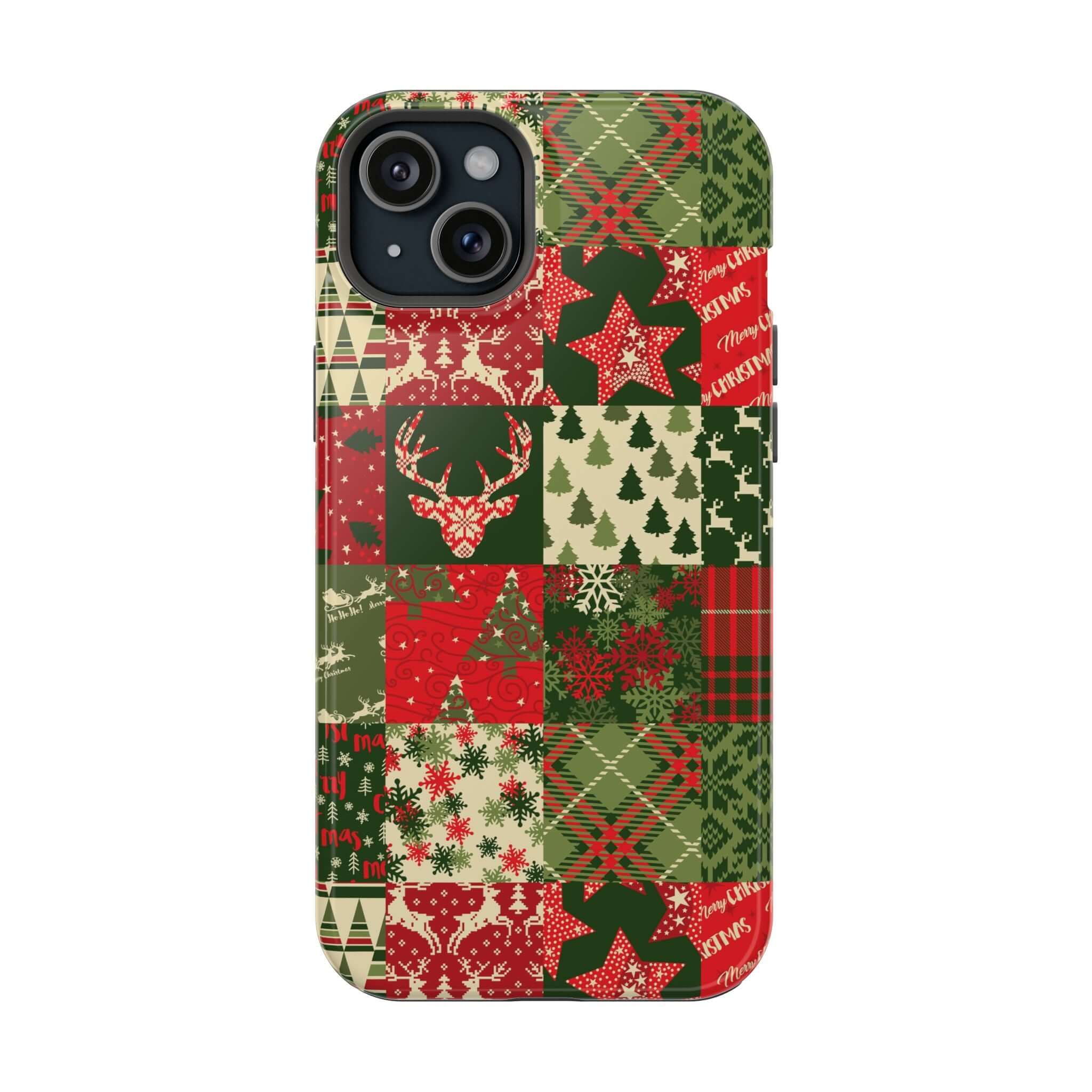 Festive Cozy Quiltmas MagSafe case with Christmas patchwork design for a holiday-themed phone cover.