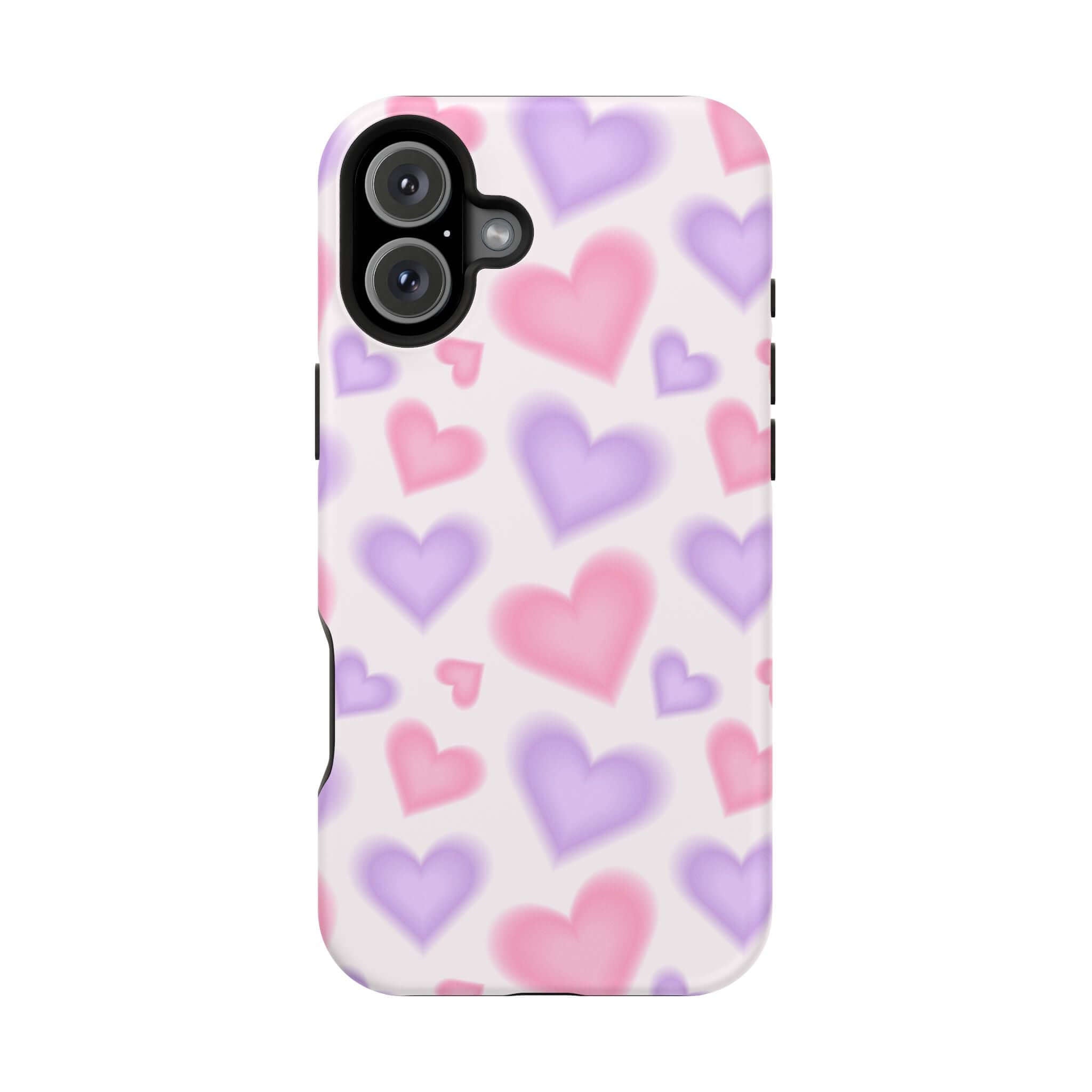 Cute phone cover featuring a playful design of pink and purple hearts for Apple iPhone. Bright and stylish protection!