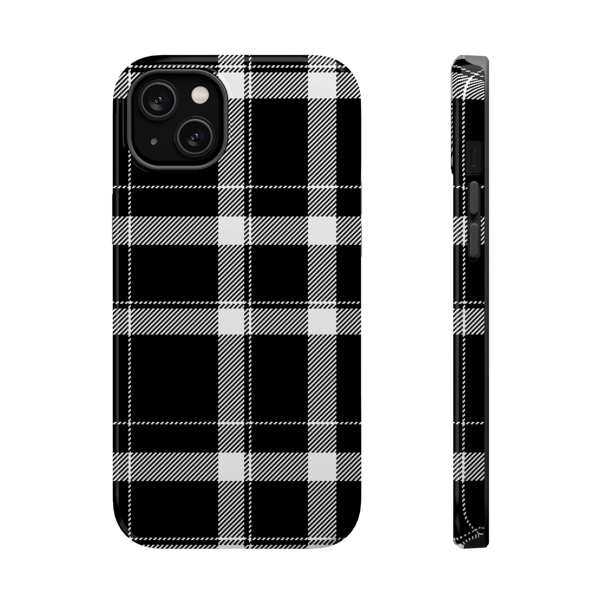 Stylish black plaid phone case for Apple iPhone, perfect cute phone cover to add classic flair while protecting your device.