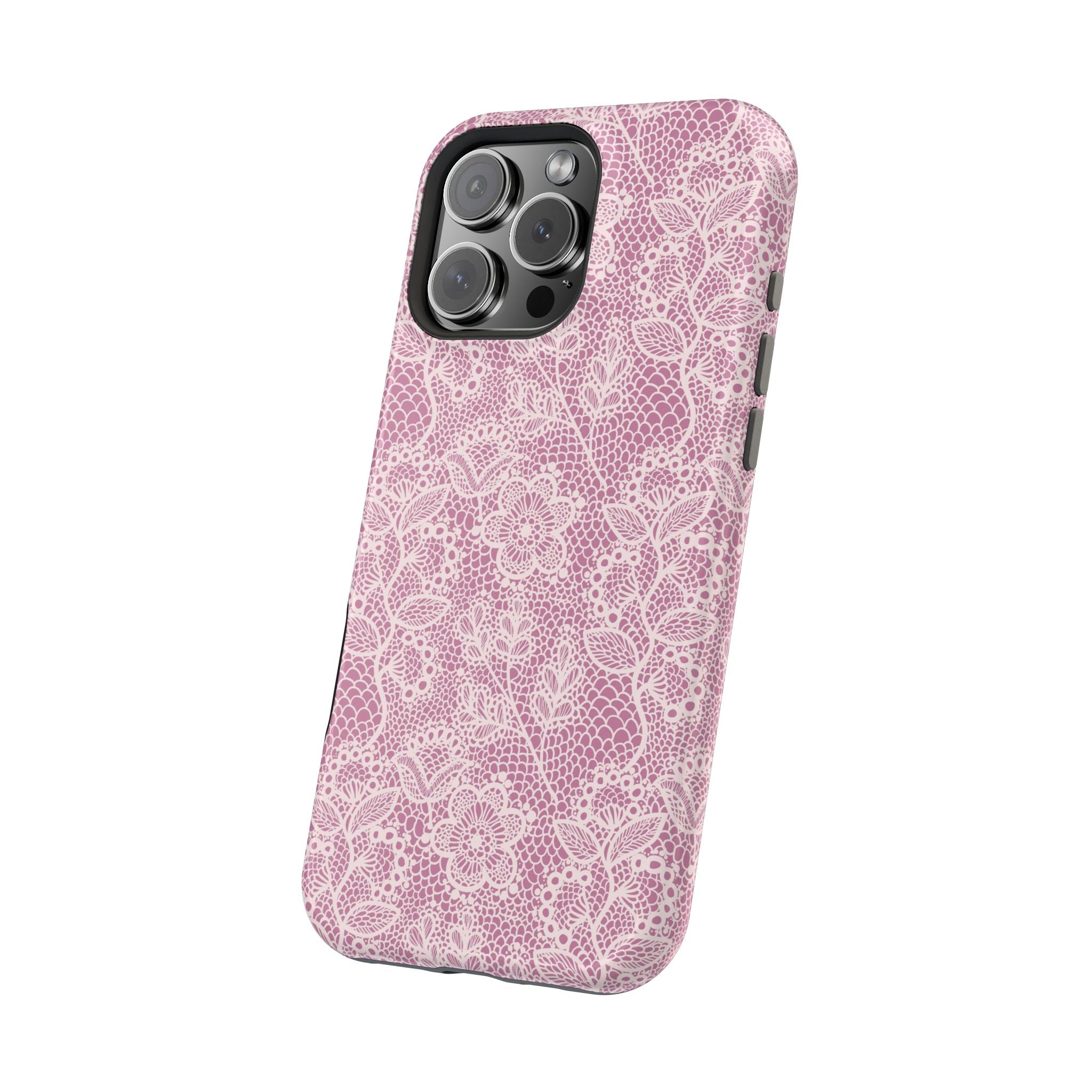 Pink Lace MagSafe iPhone Case with floral charm, a cute phone cover offering stylish protection.