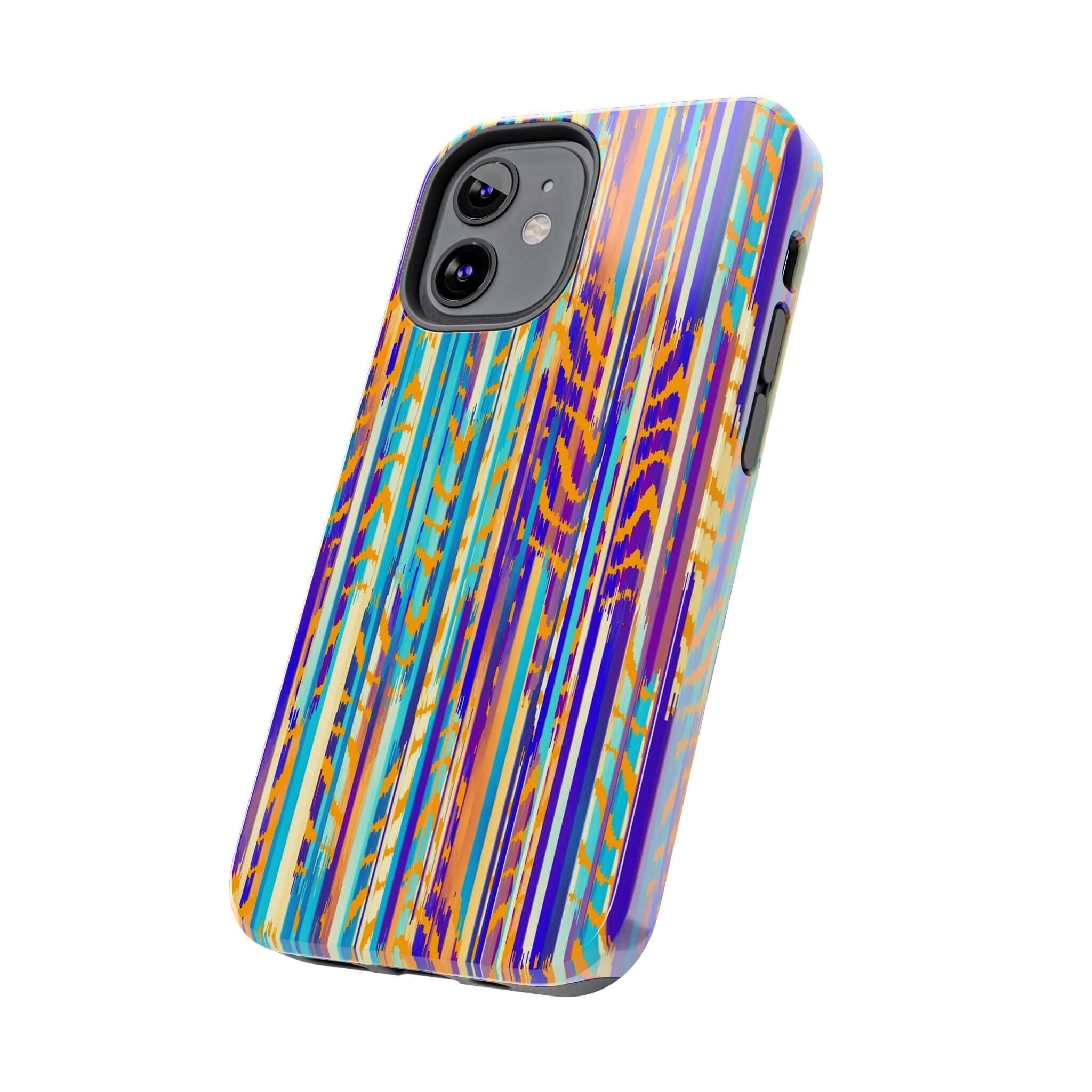 Colorful abstract tie dye iPhone case with vibrant stripes in blue, orange, and purple design, cute and unique phone accessory.