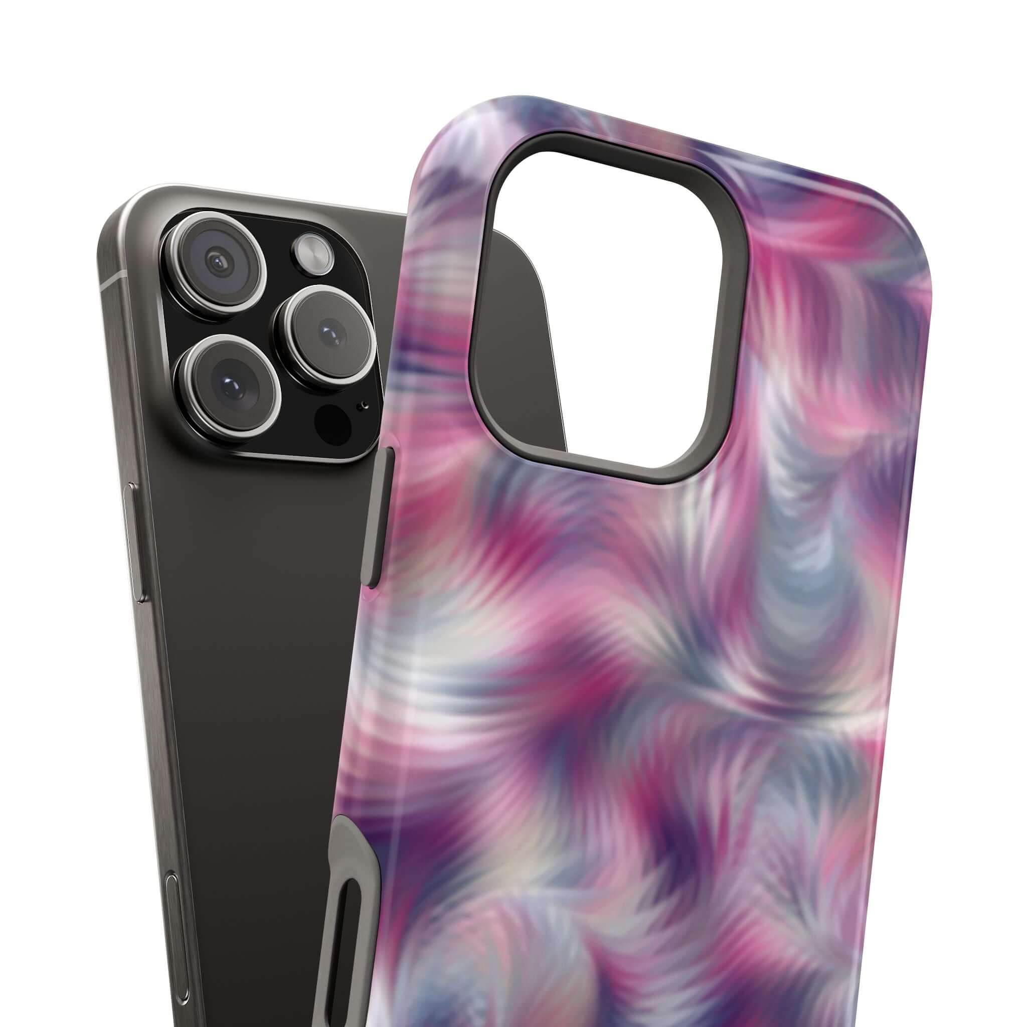 Purple abstract MagSafe iPhone case with tie dye swirl design, cute phone cover for stylish protection and quirky flair.