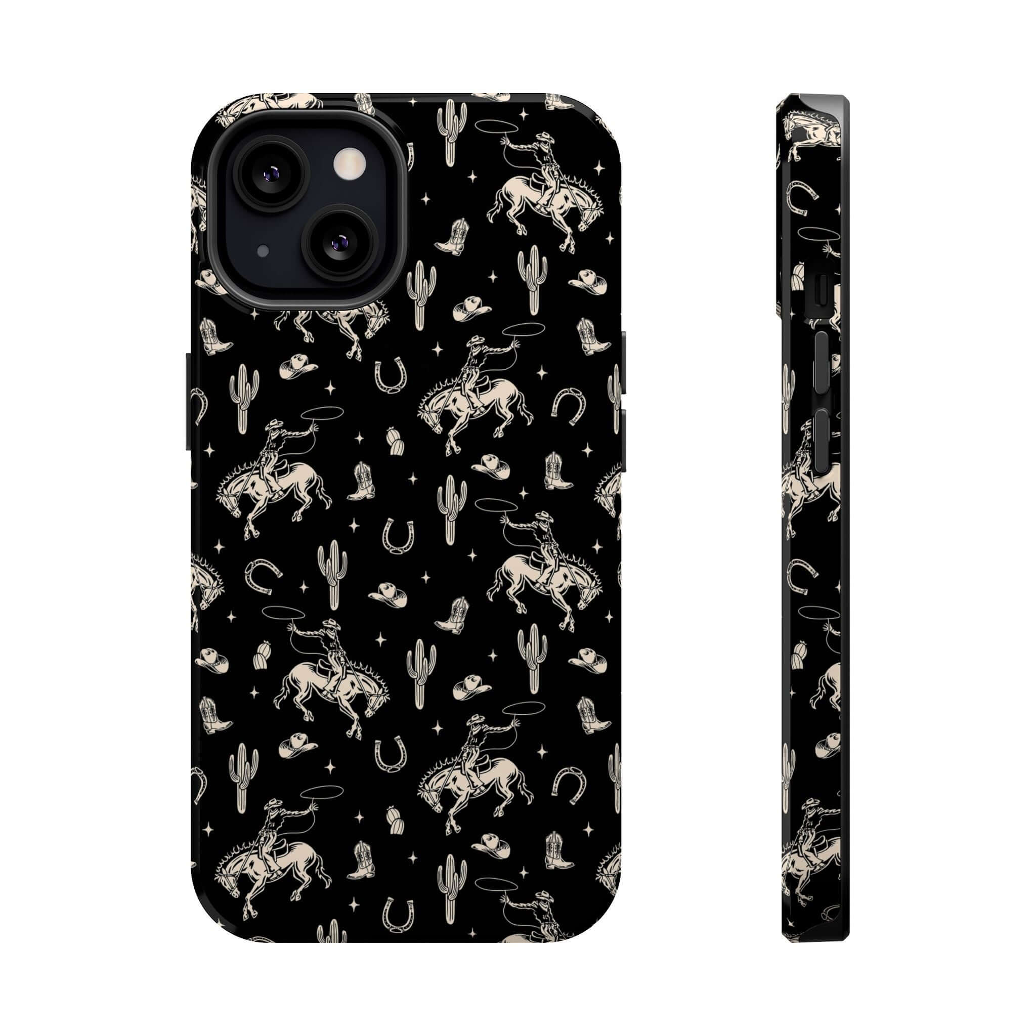 Twilight Cowgirl black western iPhone case with cute cowboy and cactus design, perfect for free shipping.