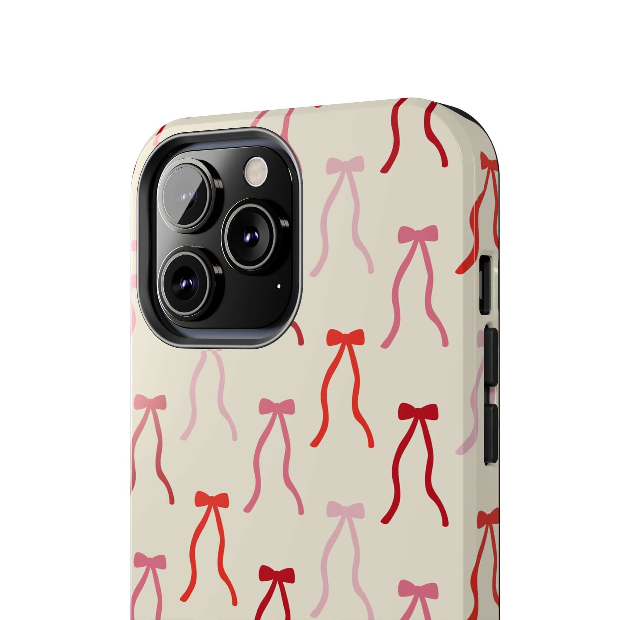 Cute Beige Coquette iPhone 16 Case with Red Bows, Playful Design for Stylish Phone Protection